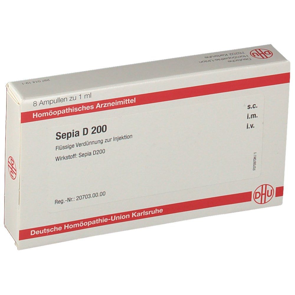 Verpackung mit roter und weißer Beschriftung. Enthält Sepia D 200. 8 Ampullen zu 1 ml. Deutsche Homöopathie-Union Karlsruhe.