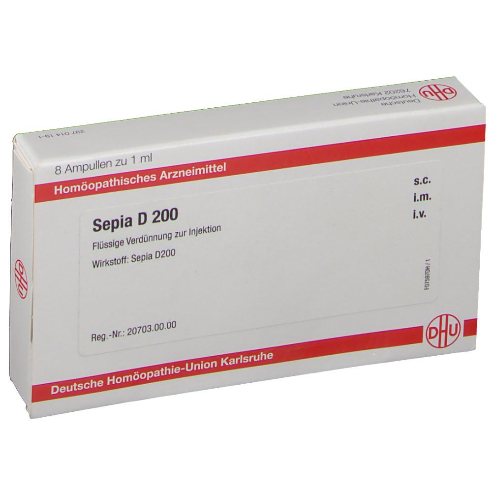 Verpackung mit roter und weißer Beschriftung. Enthält Sepia D 200. 8 Ampullen zu 1 ml. Deutsche Homöopathie-Union Karlsruhe.