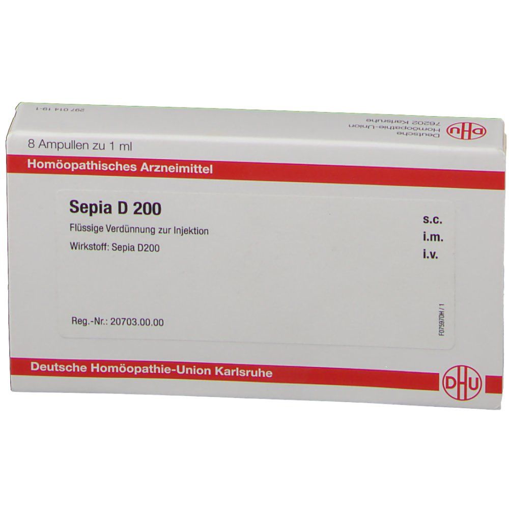 Verpackung mit roter und weißer Beschriftung. Enthält Sepia D 200. 8 Ampullen zu 1 ml. Deutsche Homöopathie-Union Karlsruhe.