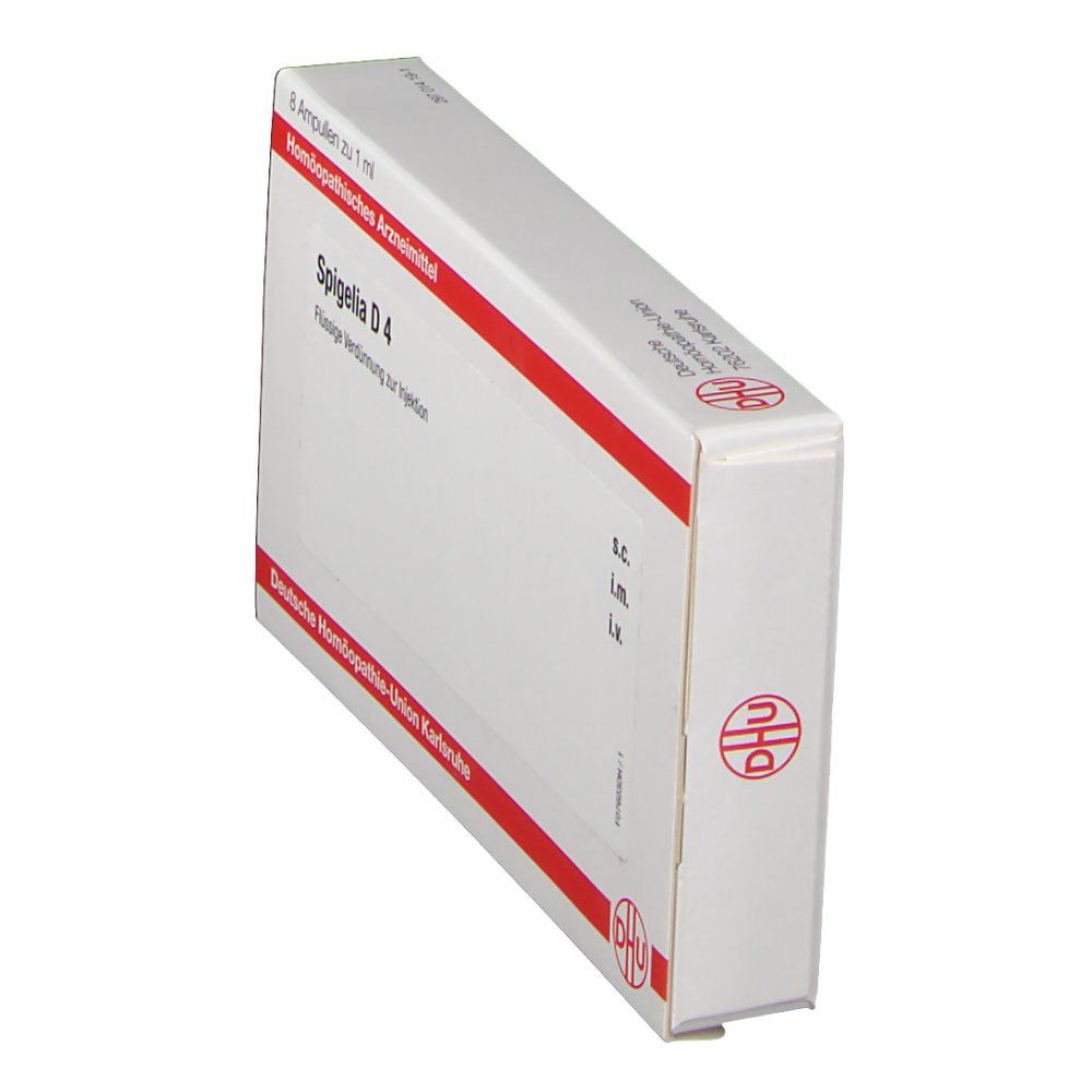 Schachtel mit roter Umrandung und Aufschrift Spigelia D4. DHU-Logo. Schrägansicht.