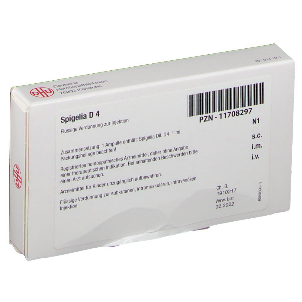 Weiße Schachtel mit Aufschrift Spigelia D4. Barcode und DHU-Logo. Text in Deutsch.