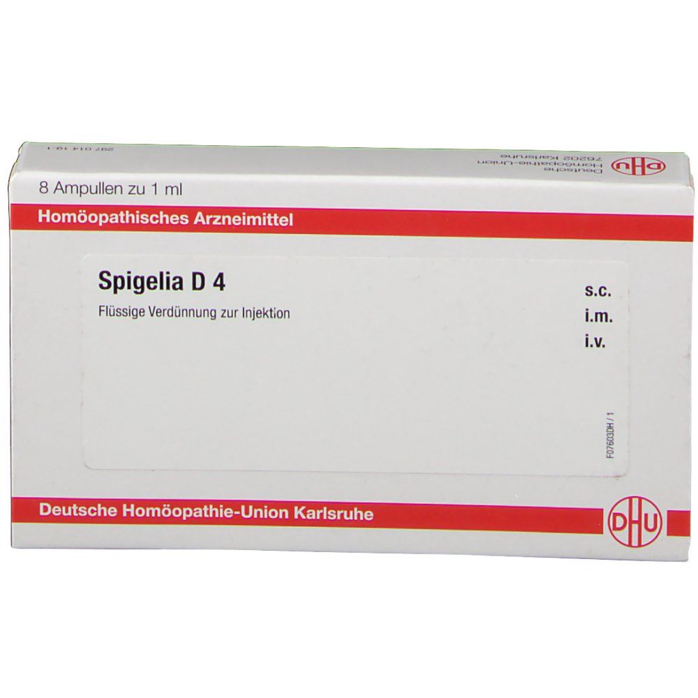 Schachtel mit Aufschrift Spigelia D4 und DHU-Logo. Enthält 8 Ampullen. Text in Deutsch.