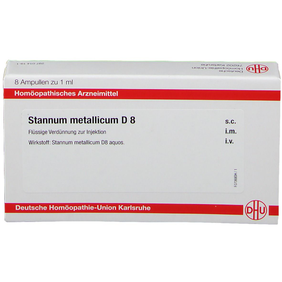 Schachtel mit DHU-Logo und Aufschrift "Stannum metallicum D 8". Enthält 8 Ampullen. Rote und weiße Farbgebung.