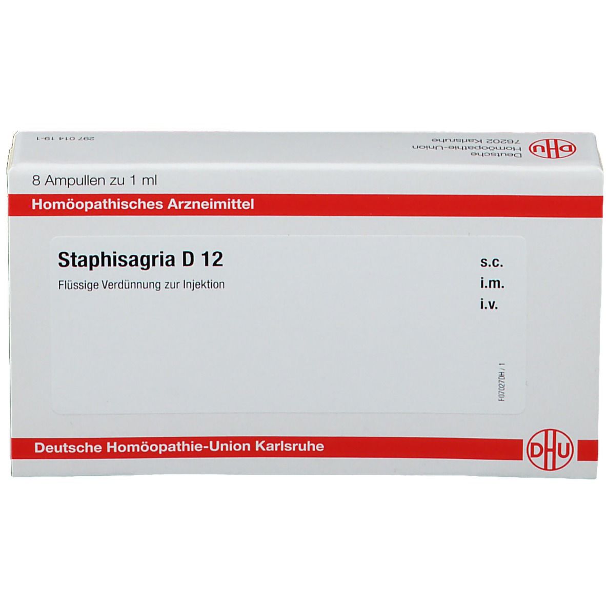 Schachtel mit "Staphisagria D 12"-Aufschrift. Enthält 8 Ampullen. Rote und weiße Farbgebung. "DHU"-Logo.