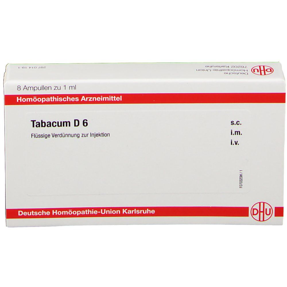 Weiße Schachtel mit rotem Streifen. Enthält 8 Ampullen Tabacum D6. Text: Flüssige Verdünnung zur Injektion. DHU Logo.