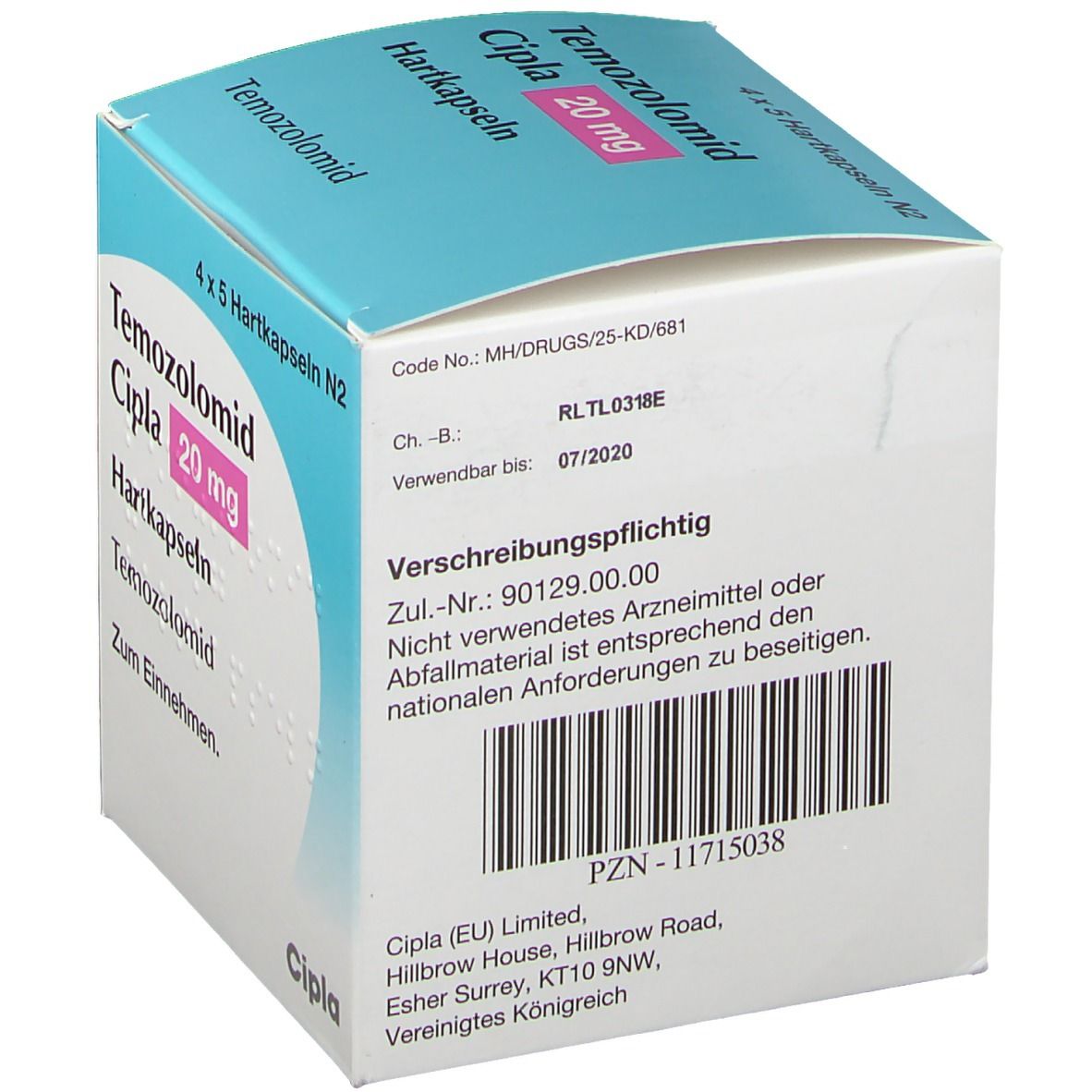 Rückseite der Temozolomid Cipla 20 mg Schachtel. Enthält Informationen wie Chargennummer, Verfallsdatum und Herstelleradresse.