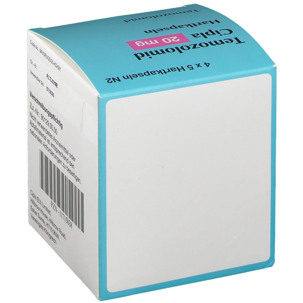 Seitenansicht der Temozolomid Cipla 20 mg Schachtel. Blau-weiß mit Text und Logo. Enthält keine weiteren Details.