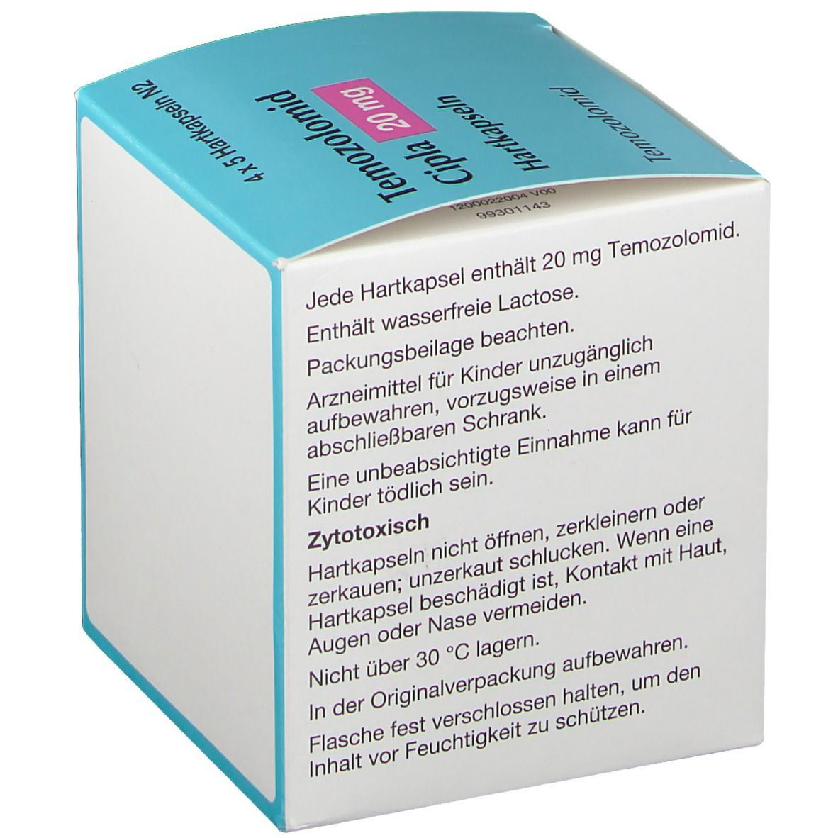 Nahaufnahme der Temozolomid Cipla 20 mg Schachtel. Textliche Hinweise zur Anwendung und Lagerung. Zytotoxisch.