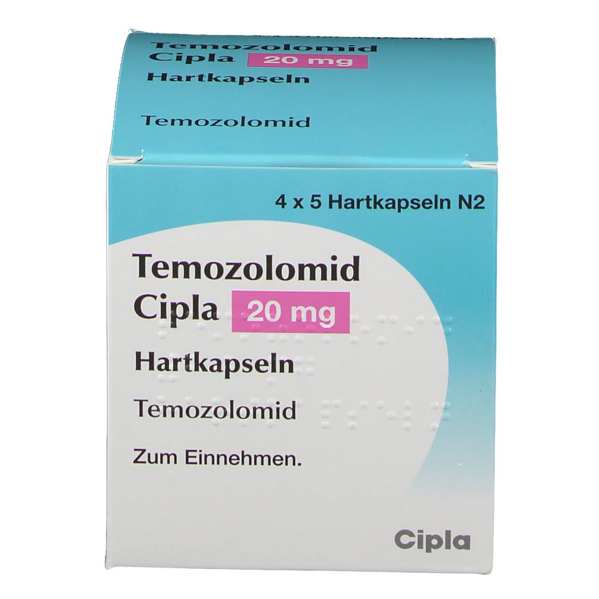 Temozolomid Cipla 20 mg Hartkapseln-Schachtel. Blau-weiß, mit Produktnamen, Dosierung und Logo. 4 x 5 Hartkapseln N2.