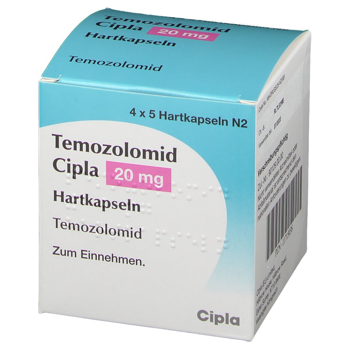 Temozolomid Cipla 20 mg Hartkapseln-Schachtel. Blau-weiß, mit Produktnamen, Dosierung und Logo. 4 x 5 Hartkapseln N2.