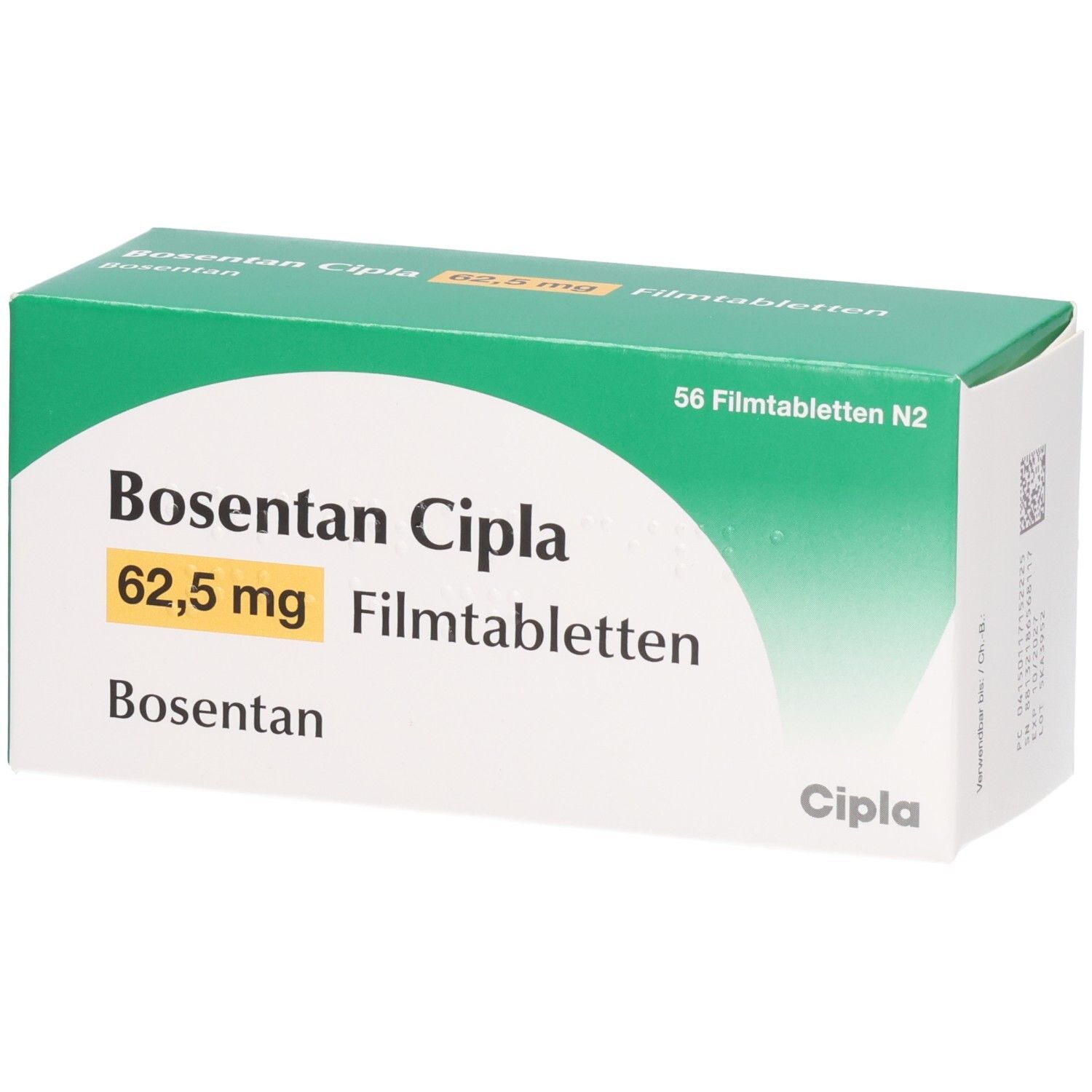 Grüne Schachtel mit "Bosentan Cipla 62,5 mg Filmtabletten". 56 Filmtabletten. Cipla-Logo.