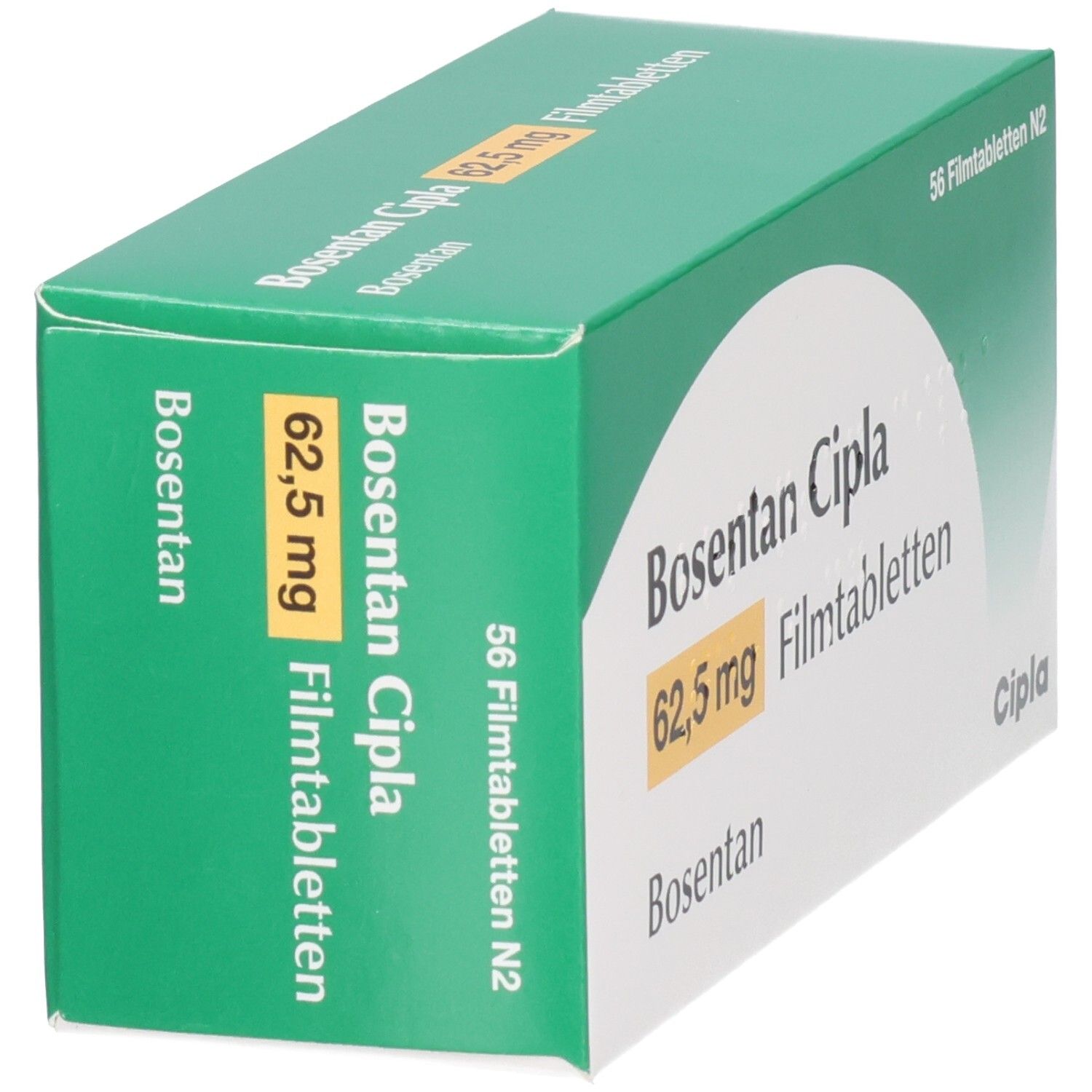 Grüne Schachtel, "Bosentan Cipla 62,5 mg Filmtabletten". 56 Filmtabletten. Cipla-Logo. Schräge Ansicht.