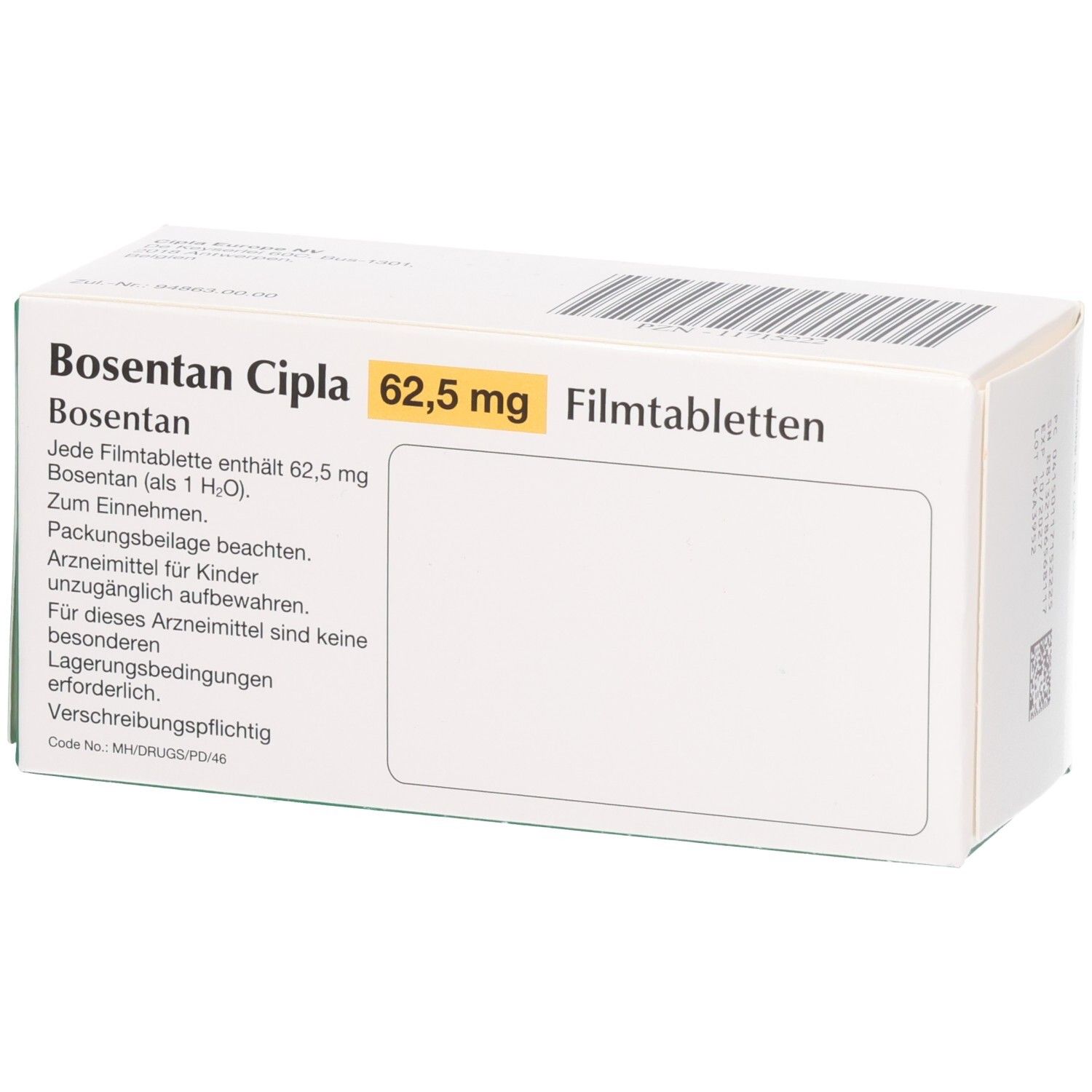 Rückseite der grünen Schachtel "Bosentan Cipla 62,5 mg Filmtabletten". Text und Informationen.