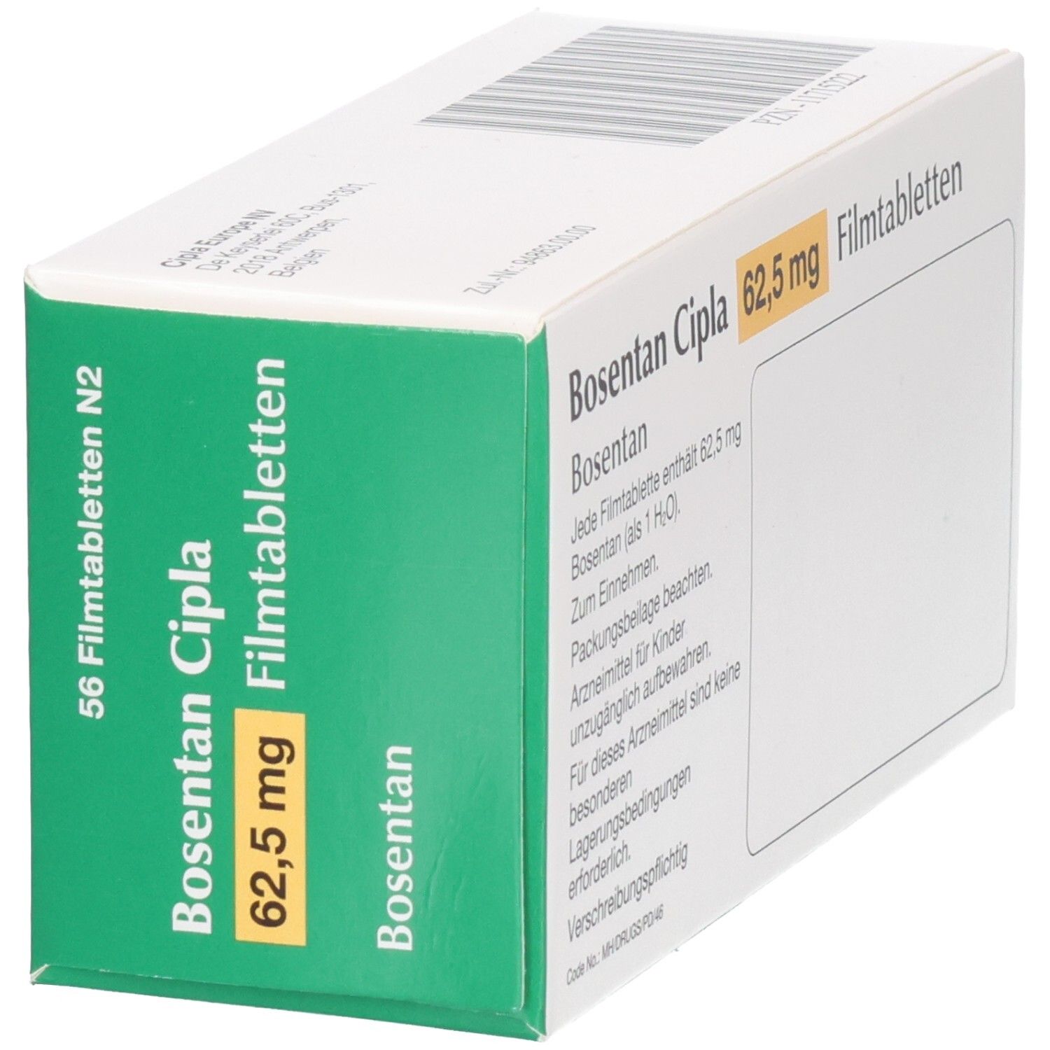 Grüne Schachtel, "Bosentan Cipla 62,5 mg Filmtabletten". 56 Filmtabletten. Schräge Ansicht.