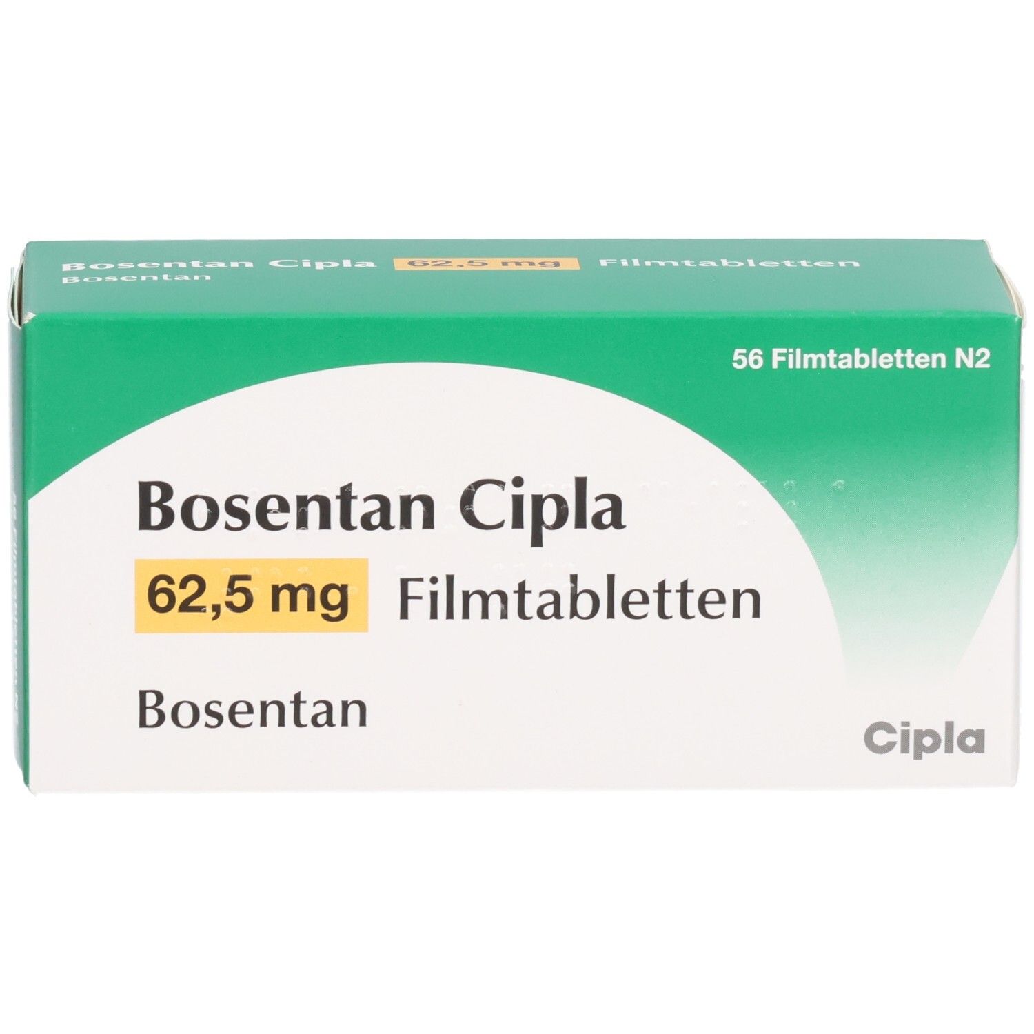 Grüne Schachtel "Bosentan Cipla 62,5 mg Filmtabletten". 56 Filmtabletten. Cipla-Logo.
