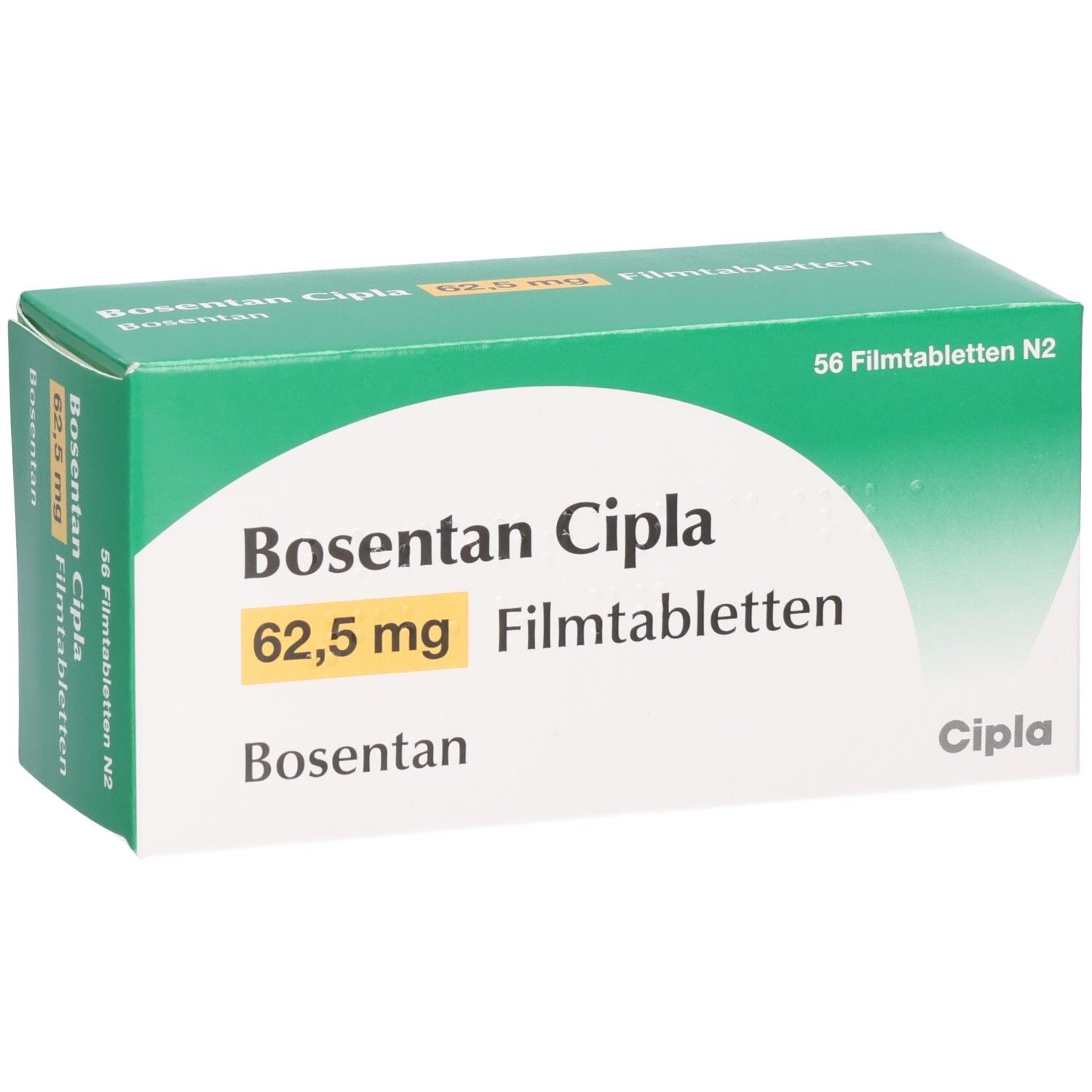 Grüne Schachtel "Bosentan Cipla 62,5 mg Filmtabletten". 56 Filmtabletten. Cipla-Logo.