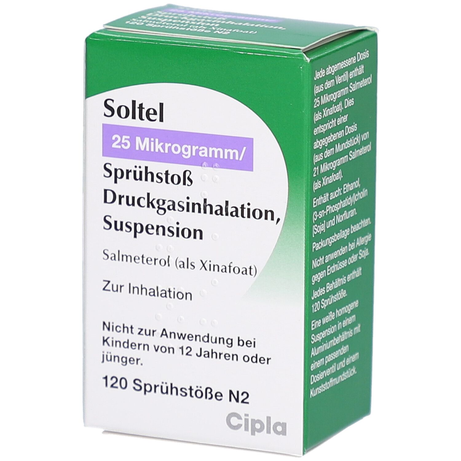 Grüne Schachtel mit weißem Etikett. Aufschrift: Soltel 25 Mikrogramm/Sprühstoß Druckgasinhalation, Suspension. 120 Sprühstöße N2. Cipla.