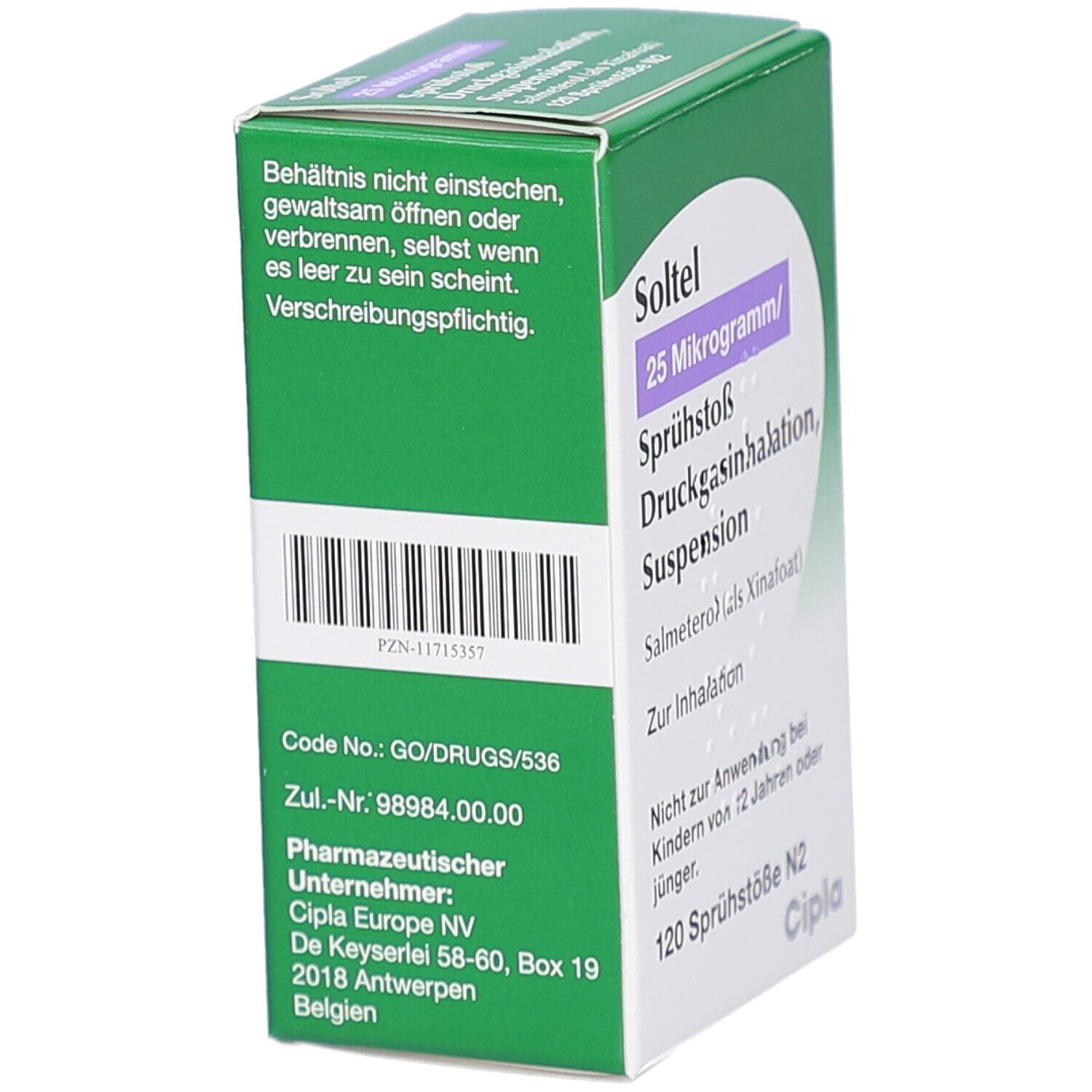 Grüne Schachtel, Seitenansicht. Aufschrift: Soltel 25 Mikrogramm/Sprühstoß Druckgasinhalation, Suspension. Barcode. Cipla Europe NV.