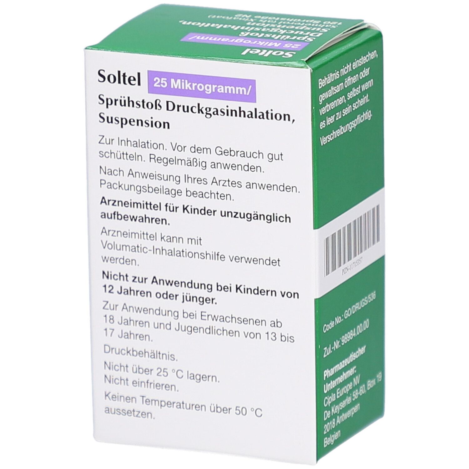Grüne Schachtel, Seitenansicht. Aufschrift: Soltel 25 Mikrogramm/Sprühstoß Druckgasinhalation, Suspension. Warnhinweise. Barcode.