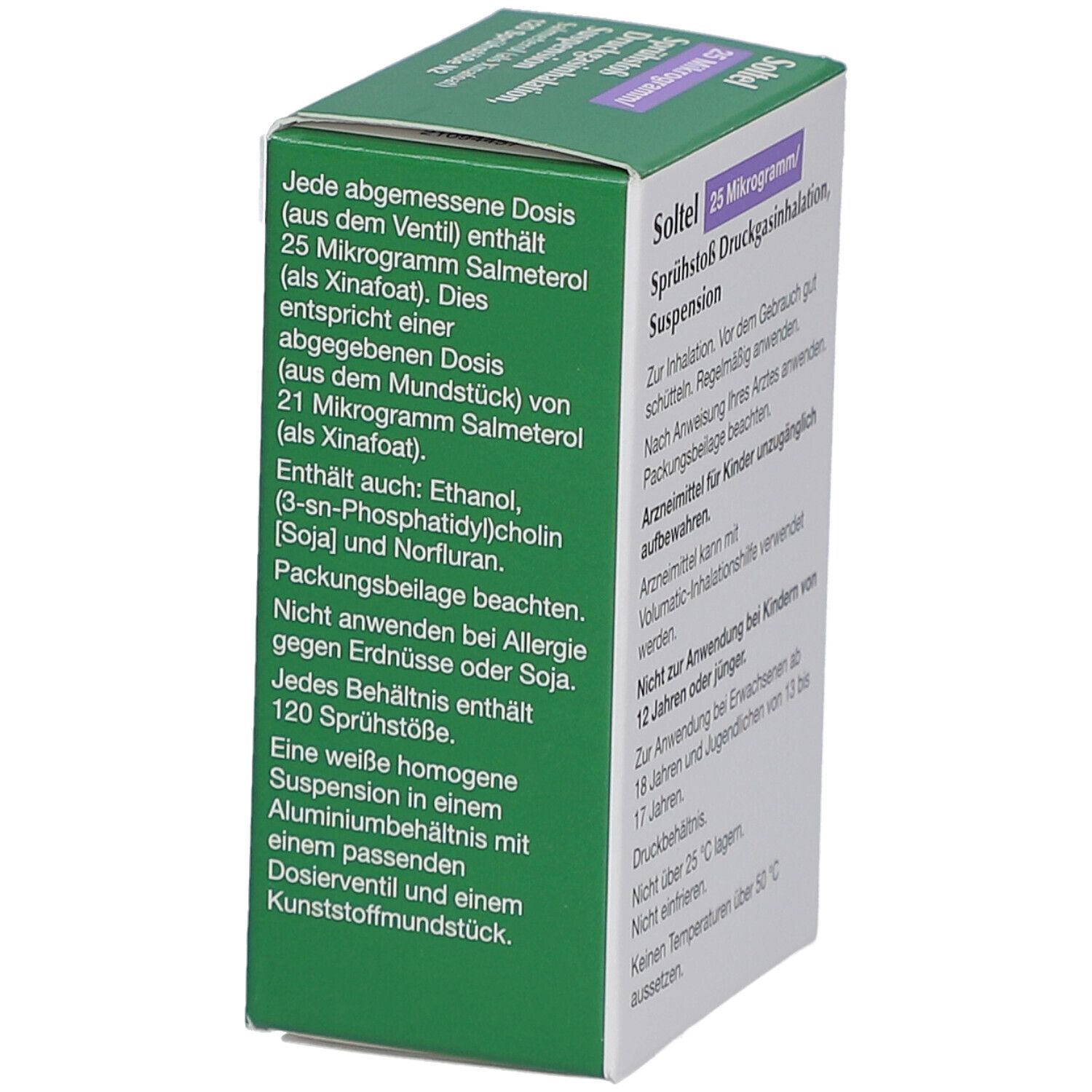 Grüne Schachtel, Seitenansicht. Aufschrift: Soltel 25 Mikrogramm/Sprühstoß Druckgasinhalation, Suspension. Inhaltsstoffe. Warnhinweise.