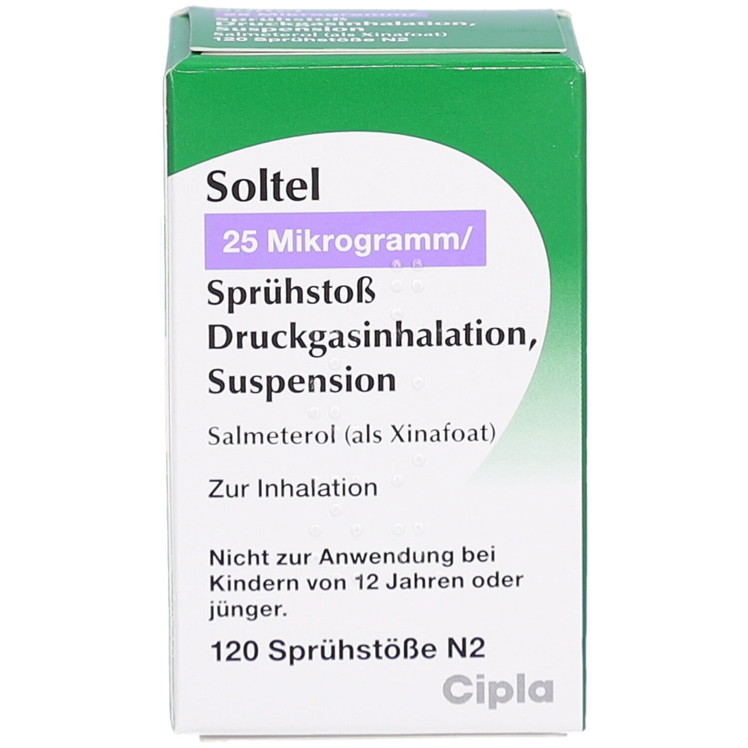 Grüne Schachtel mit weißem Etikett. Aufschrift: Soltel 25 Mikrogramm/Sprühstoß Druckgasinhalation, Suspension. 120 Sprühstöße N2. Cipla.