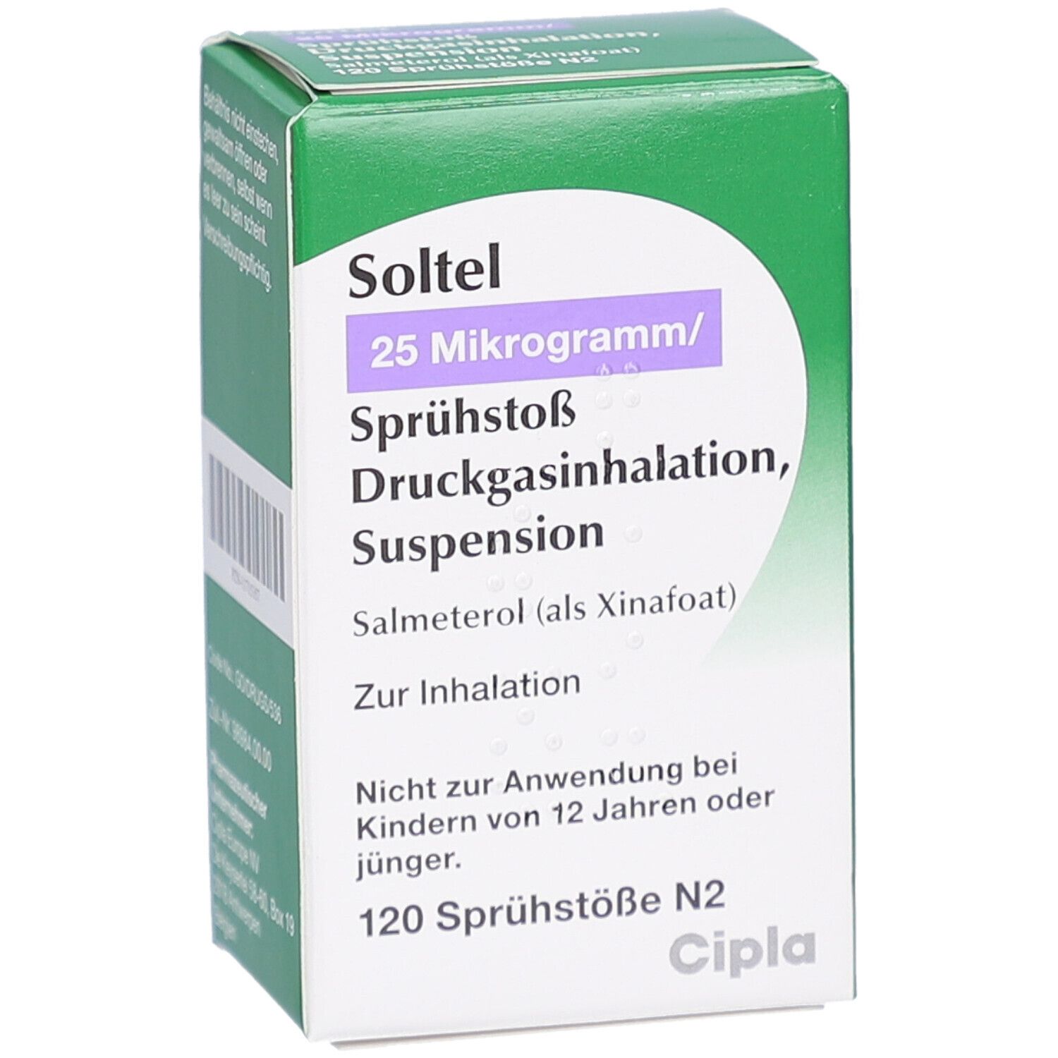 Grüne Schachtel mit weißem Etikett. Aufschrift: Soltel 25 Mikrogramm/Sprühstoß Druckgasinhalation, Suspension. 120 Sprühstöße N2. Cipla.