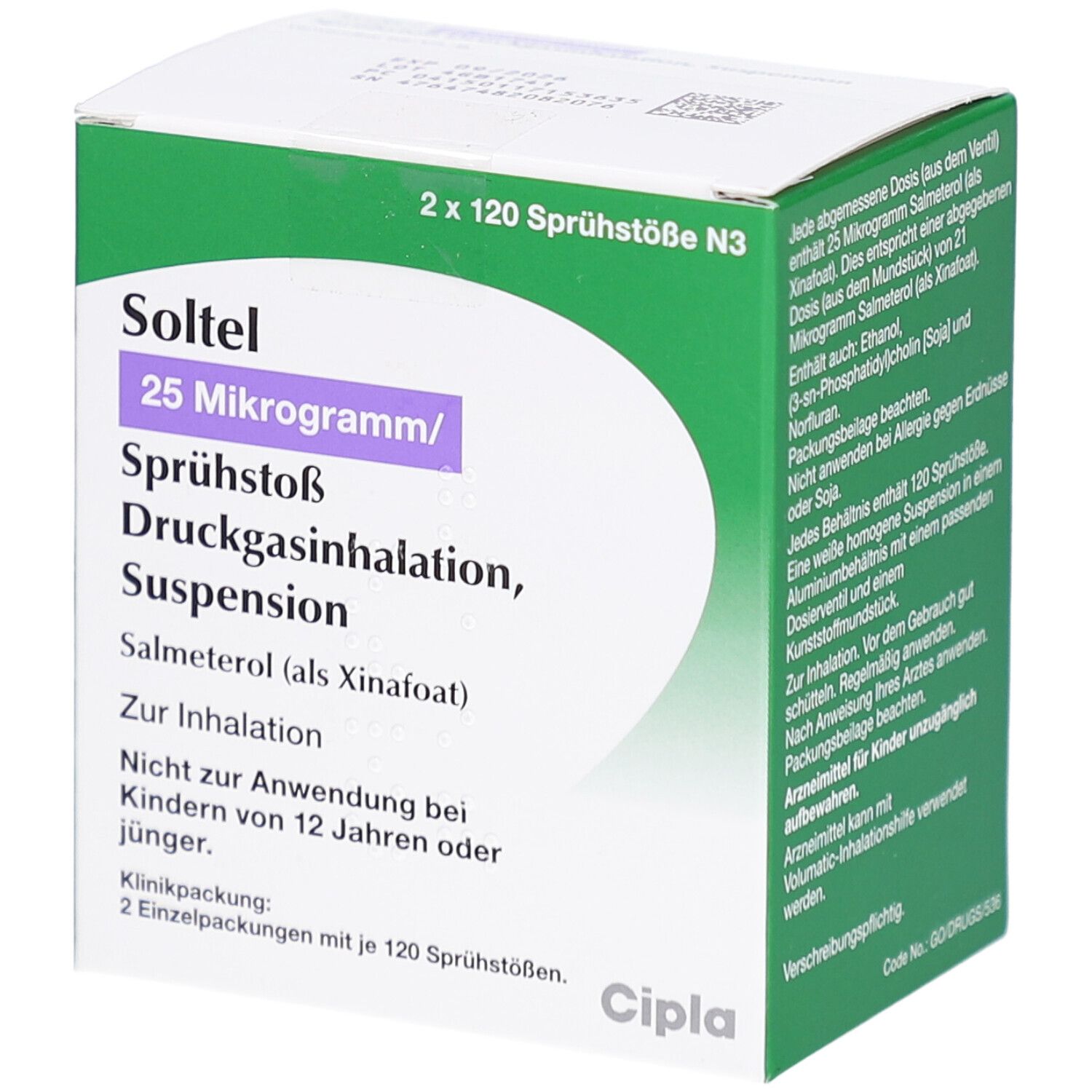 Grüne und weiße Faltschachtel. Aufschrift: Soltel 25 Mikrogramm/Sprühstoß Druckgasinhalation, Suspension. Enthält 2 x 120 Sprühstöße.