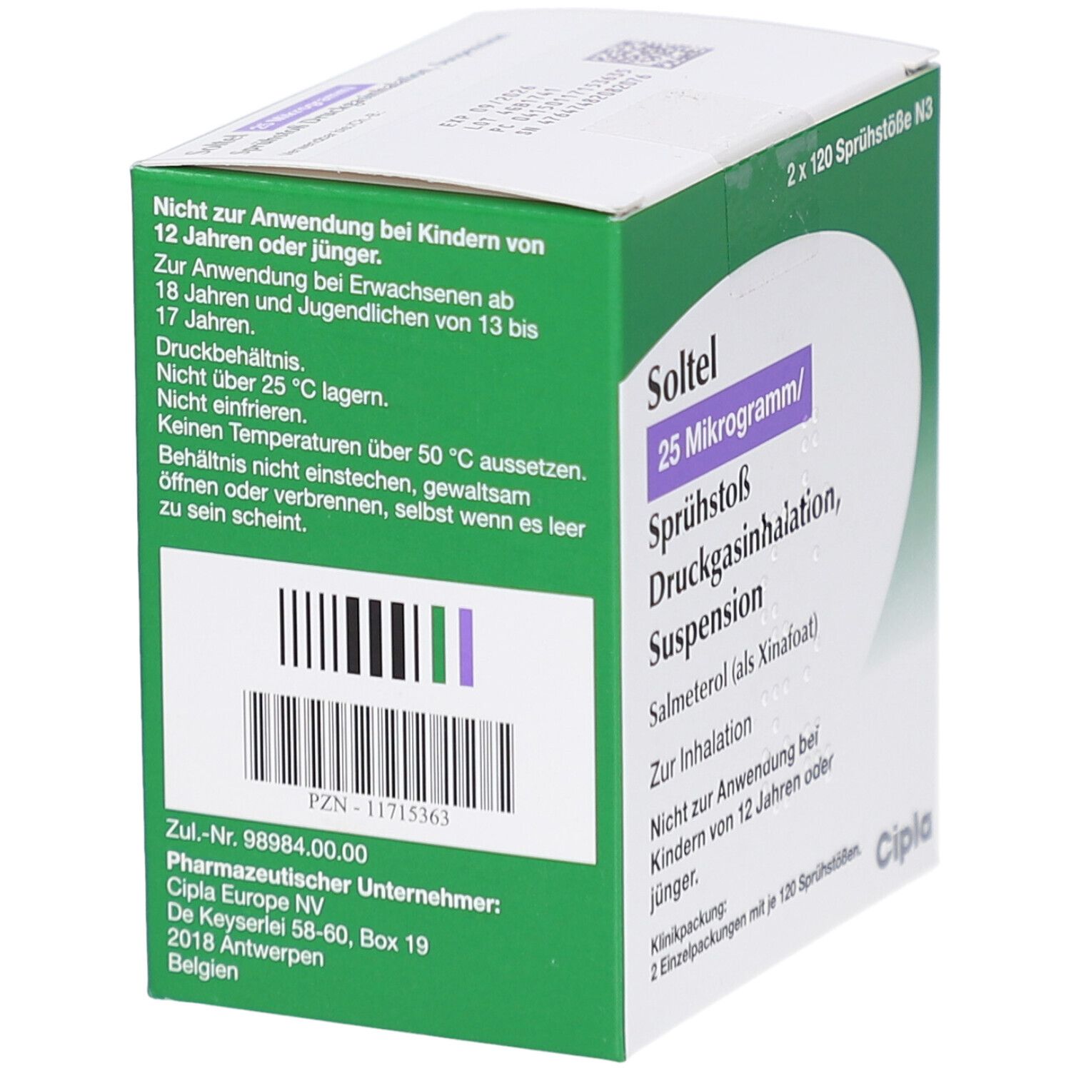 Grüne und weiße Faltschachtel. Aufschrift: Soltel 25 Mikrogramm/Sprühstoß Druckgasinhalation, Suspension. Enthält 2 x 120 Sprühstöße.
