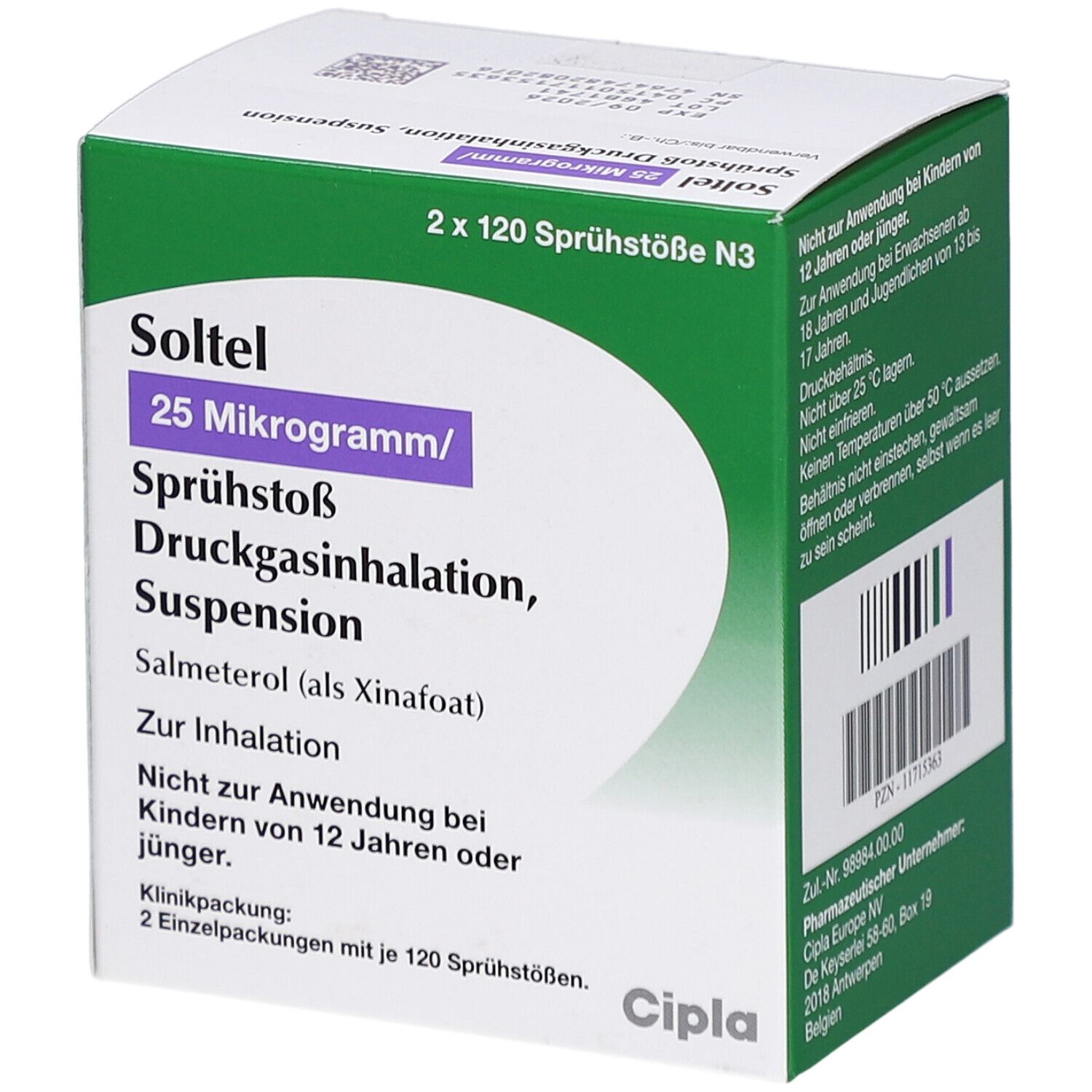Grüne und weiße Faltschachtel. Aufschrift: Soltel 25 Mikrogramm/Sprühstoß Druckgasinhalation, Suspension. Enthält 2 x 120 Sprühstöße.