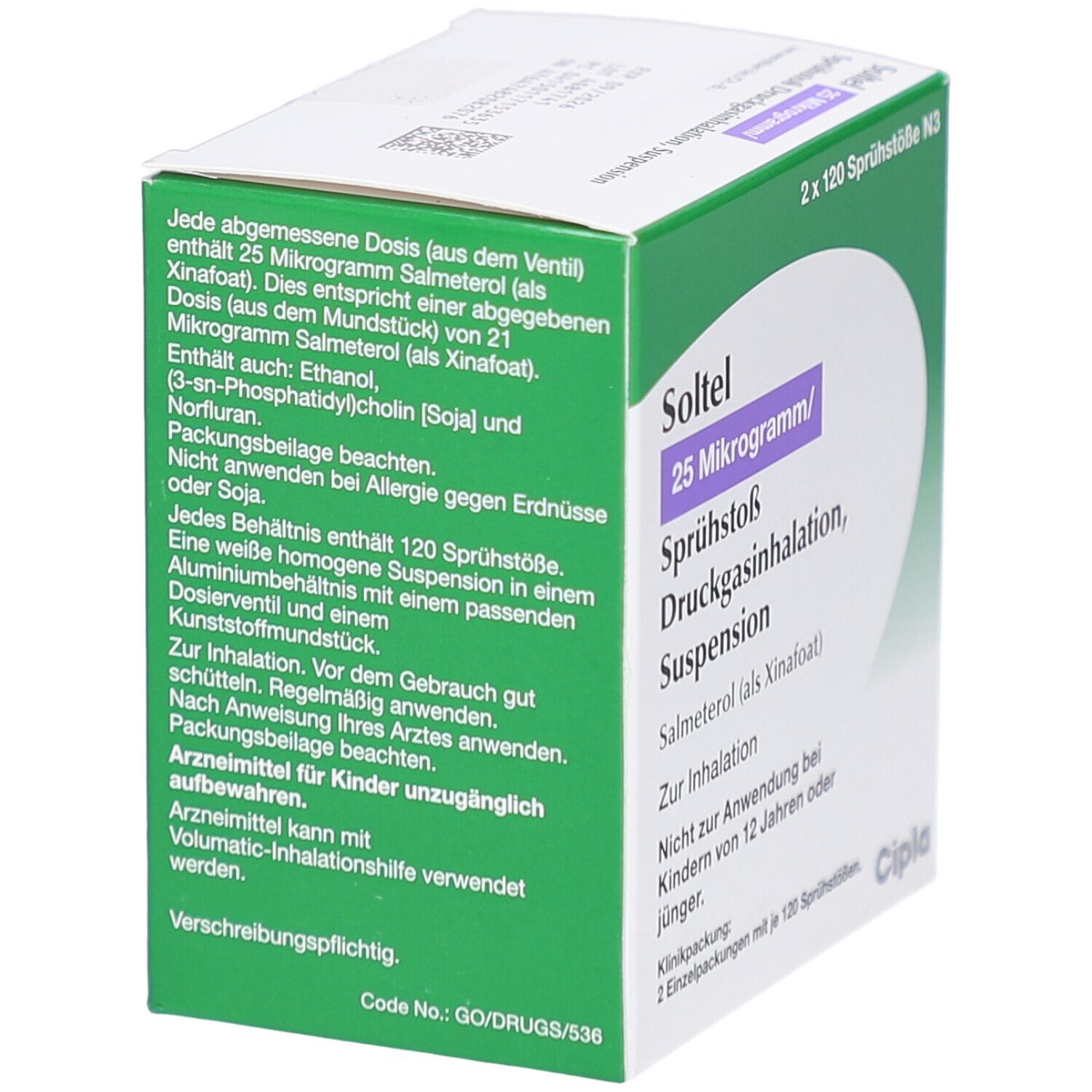 Grüne und weiße Faltschachtel. Aufschrift: Soltel 25 Mikrogramm/Sprühstoß Druckgasinhalation, Suspension. Enthält 2 x 120 Sprühstöße.