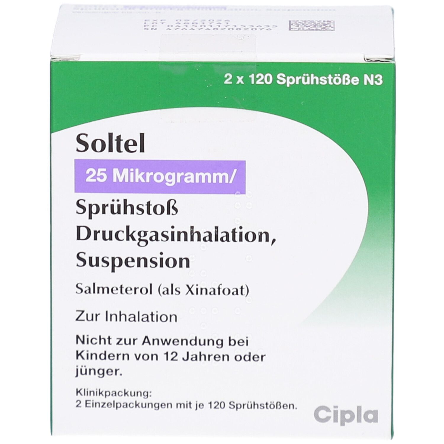 Grüne und weiße Faltschachtel. Aufschrift: Soltel 25 Mikrogramm/Sprühstoß Druckgasinhalation, Suspension. Enthält 2 x 120 Sprühstöße.