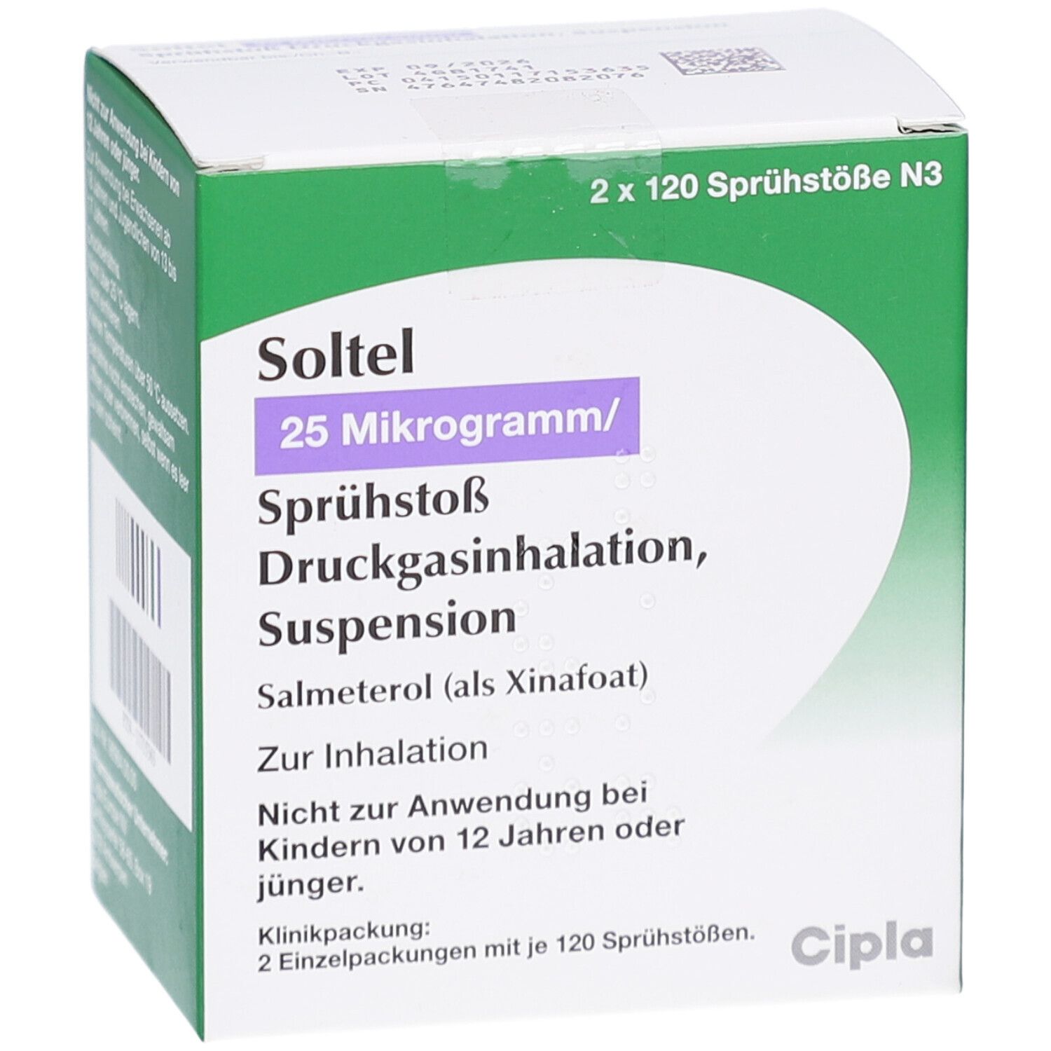 Grüne und weiße Faltschachtel. Aufschrift: Soltel 25 Mikrogramm/Sprühstoß Druckgasinhalation, Suspension. Enthält 2 x 120 Sprühstöße.