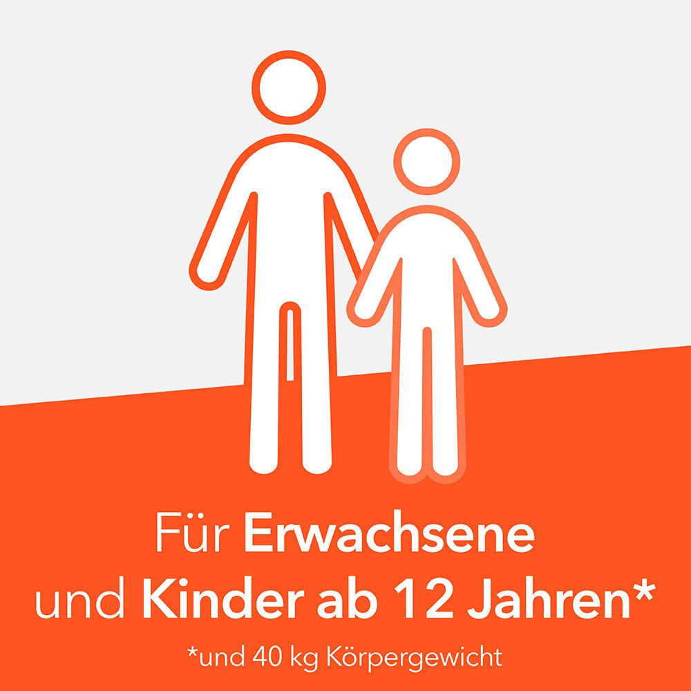 Grafik: Erwachsene und Kind. Text: Für Erwachsene und Kinder ab 12 Jahren* *und 40 kg Körpergewicht.