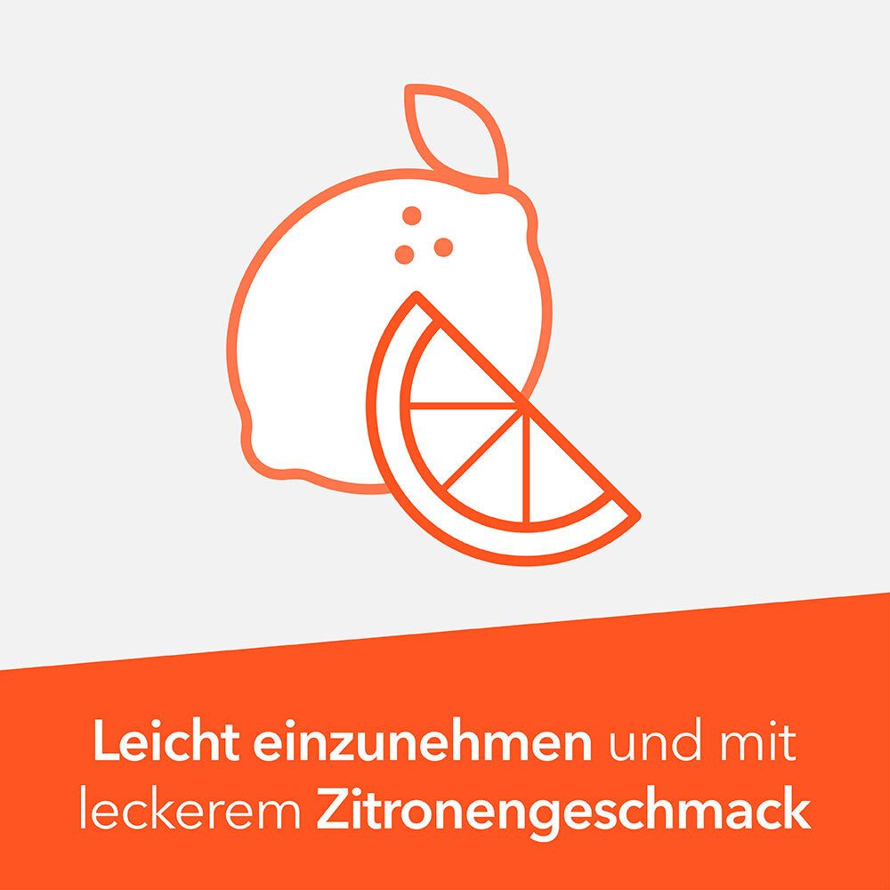 Zitrone und Zitronenscheibe. Orangefarbener Hintergrund. Text: Leicht einzunehmen und mit leckerem Zitronengeschmack.