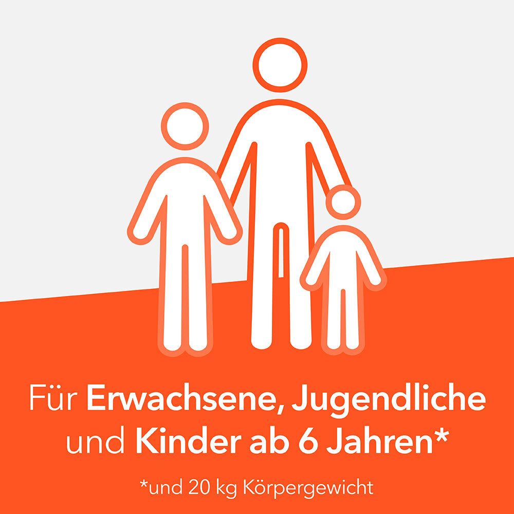 Symbol: Erwachsene, Jugendliche und Kinder. Orangefarbener Hintergrund. Text: Für Erwachsene, Jugendliche und Kinder ab 6 Jahren.