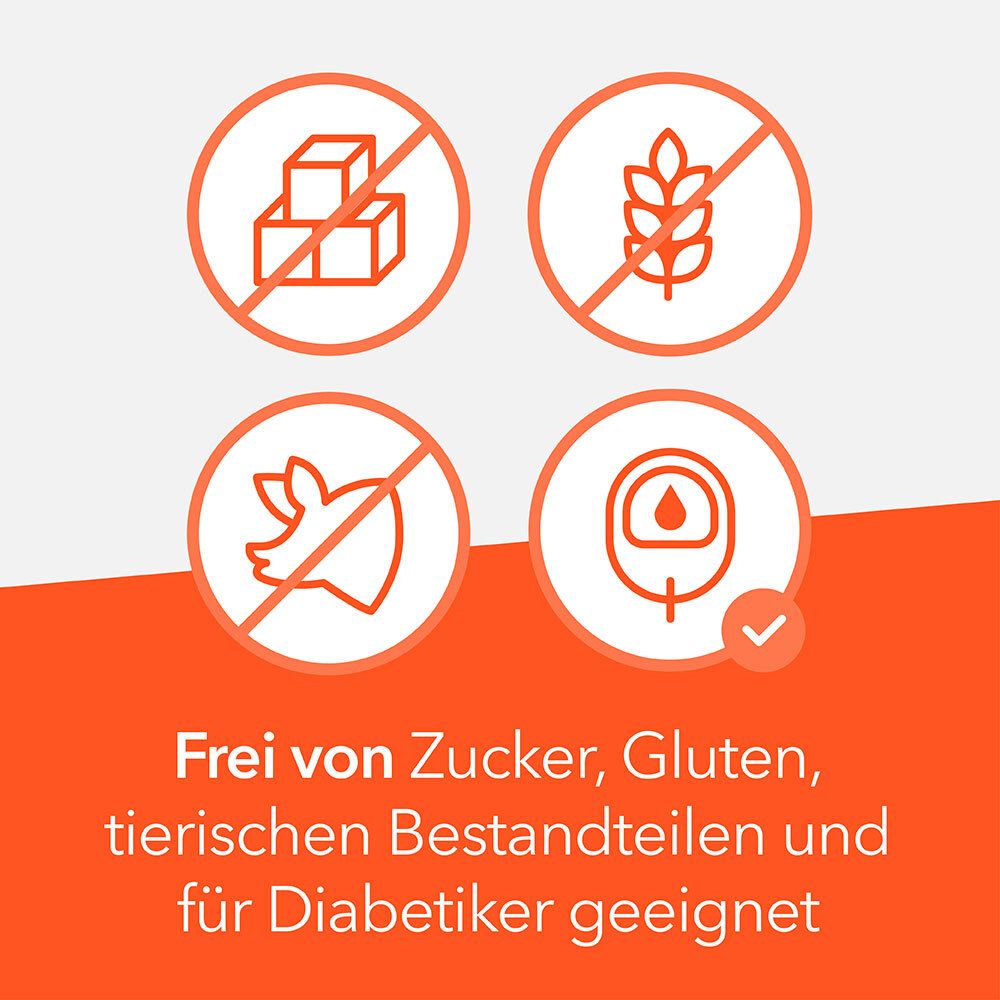 Symbole: kein Zucker, Gluten, tierische Bestandteile, für Diabetiker geeignet. Orangefarbener Hintergrund.
