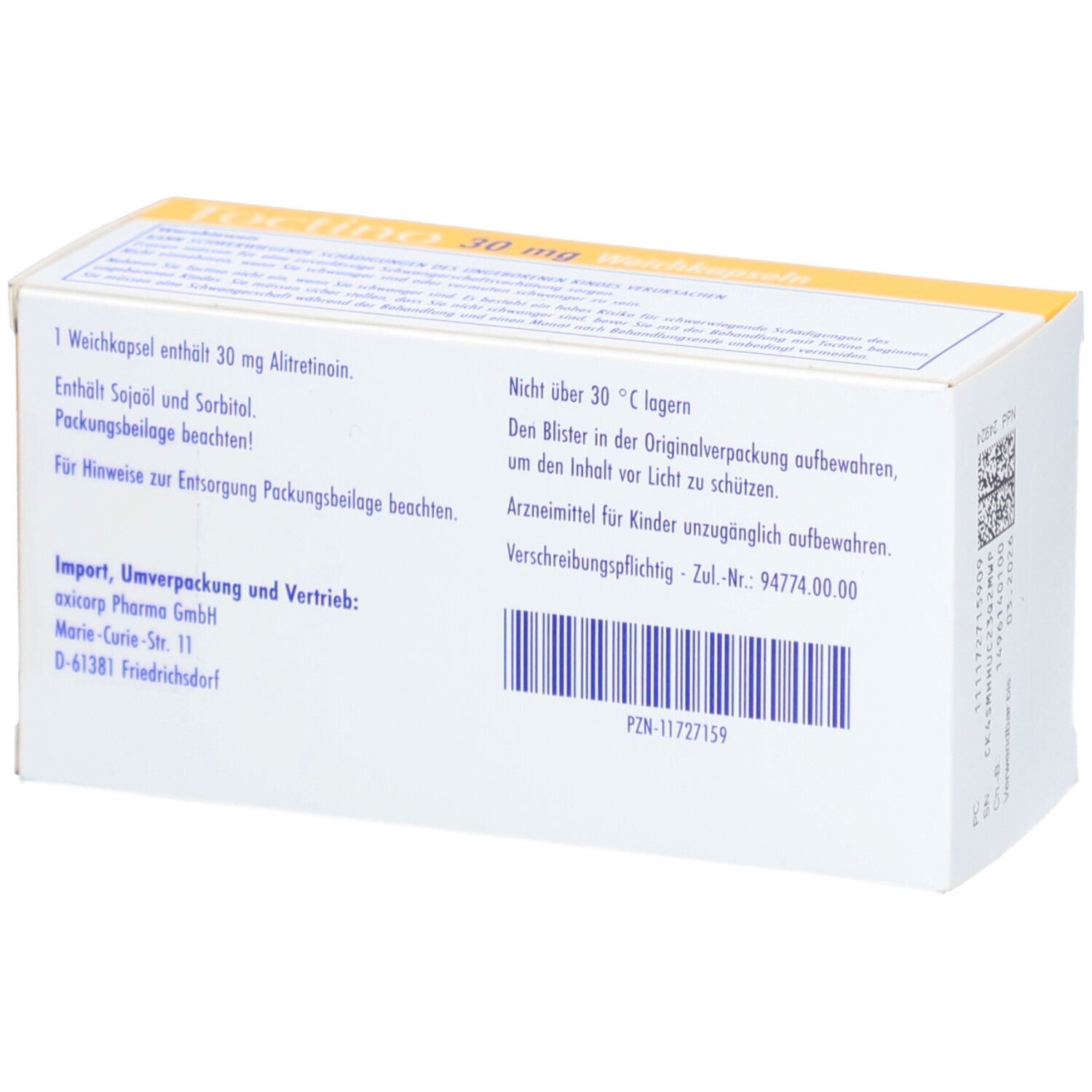 Rückseite der Weichkapseln-Packung. Aufschrift: Toctino 30 mg. Enthält Informationen und Barcode.