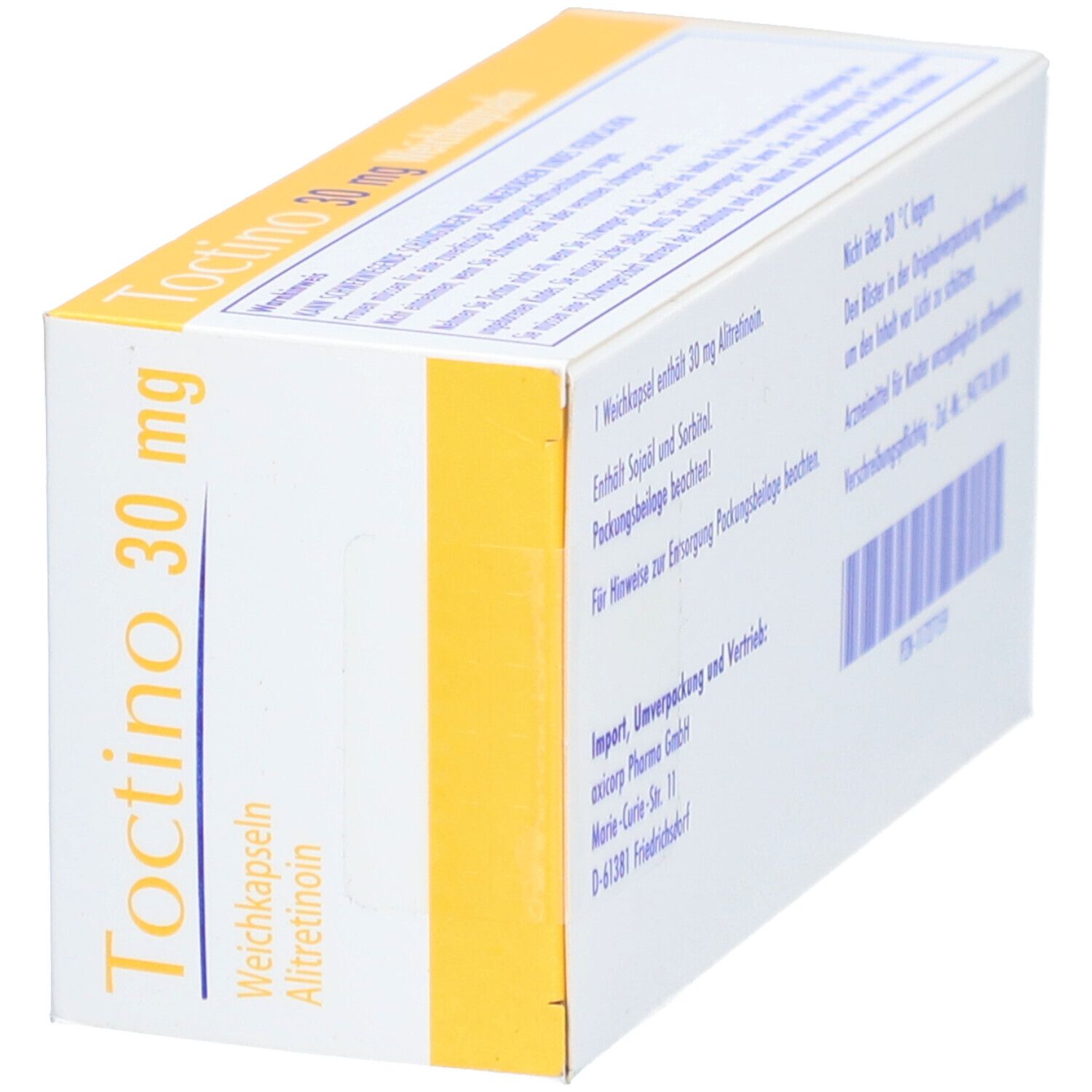 Schräg gestellte Weichkapseln-Packung. Aufschrift: Toctino 30 mg. Gelber Streifen am unteren Rand.