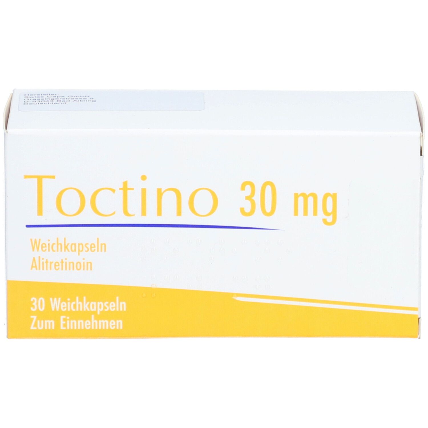 Weichkapseln-Packung. Aufschrift: Toctino 30 mg. Enthält 30 Weichkapseln. Gelber Streifen am unteren Rand.
