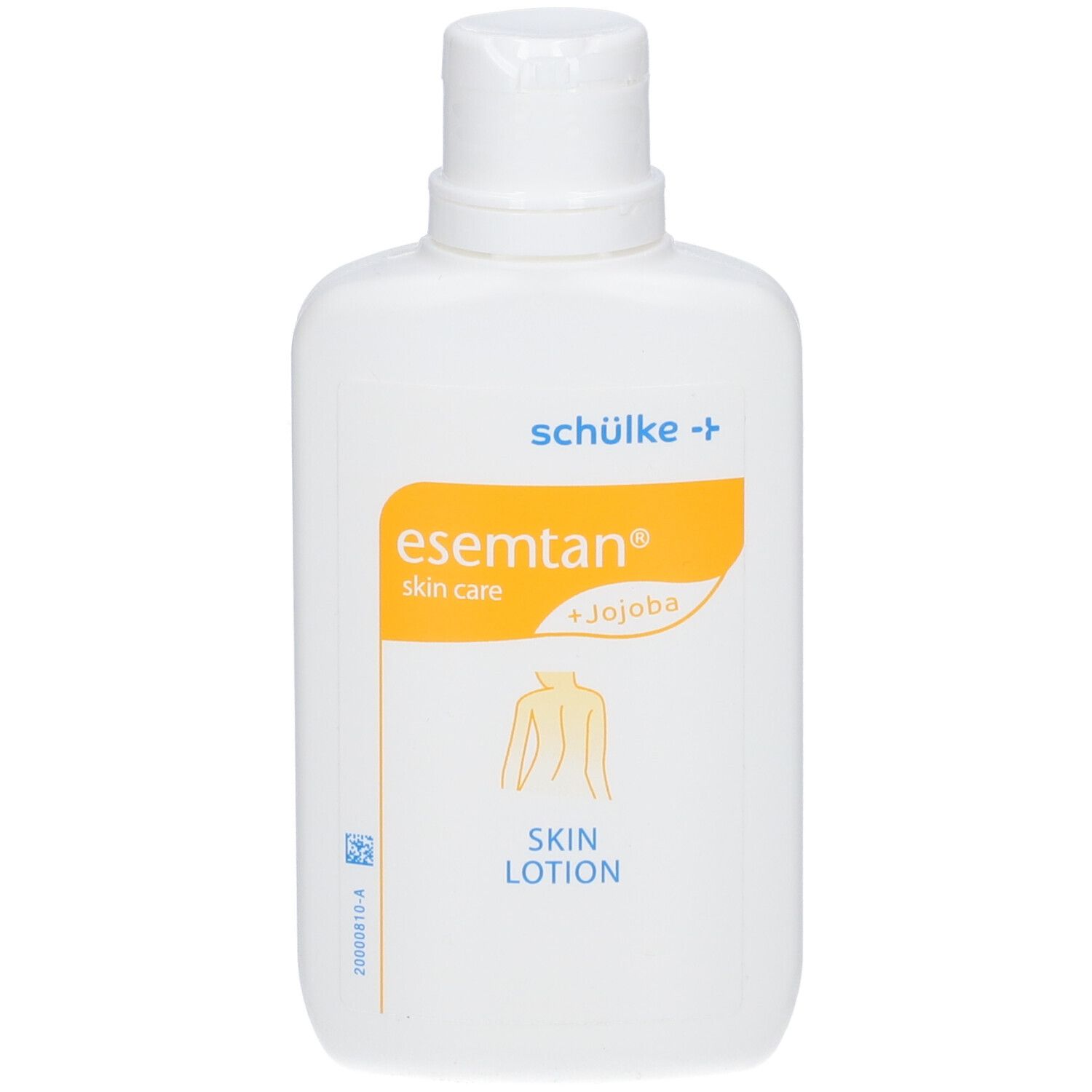 Weiße Flasche mit gelbem Etikett. Aufschrift: esemtan skin care + Jojoba. Illustration: Körperumriss.