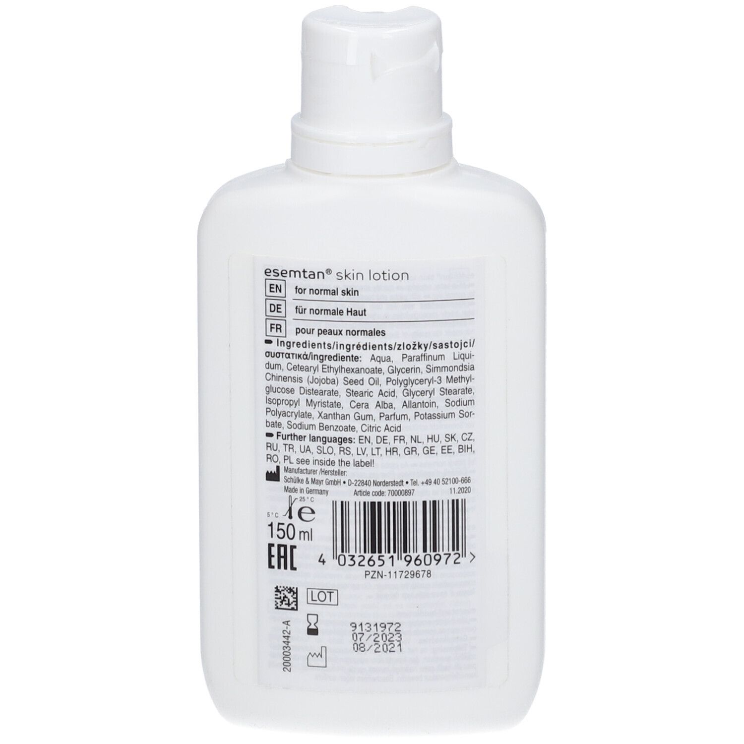 Rückseite der weißen Flasche. Text: esemtan skin lotion für normale Haut. Inhaltsstoffe und Chargennummer.