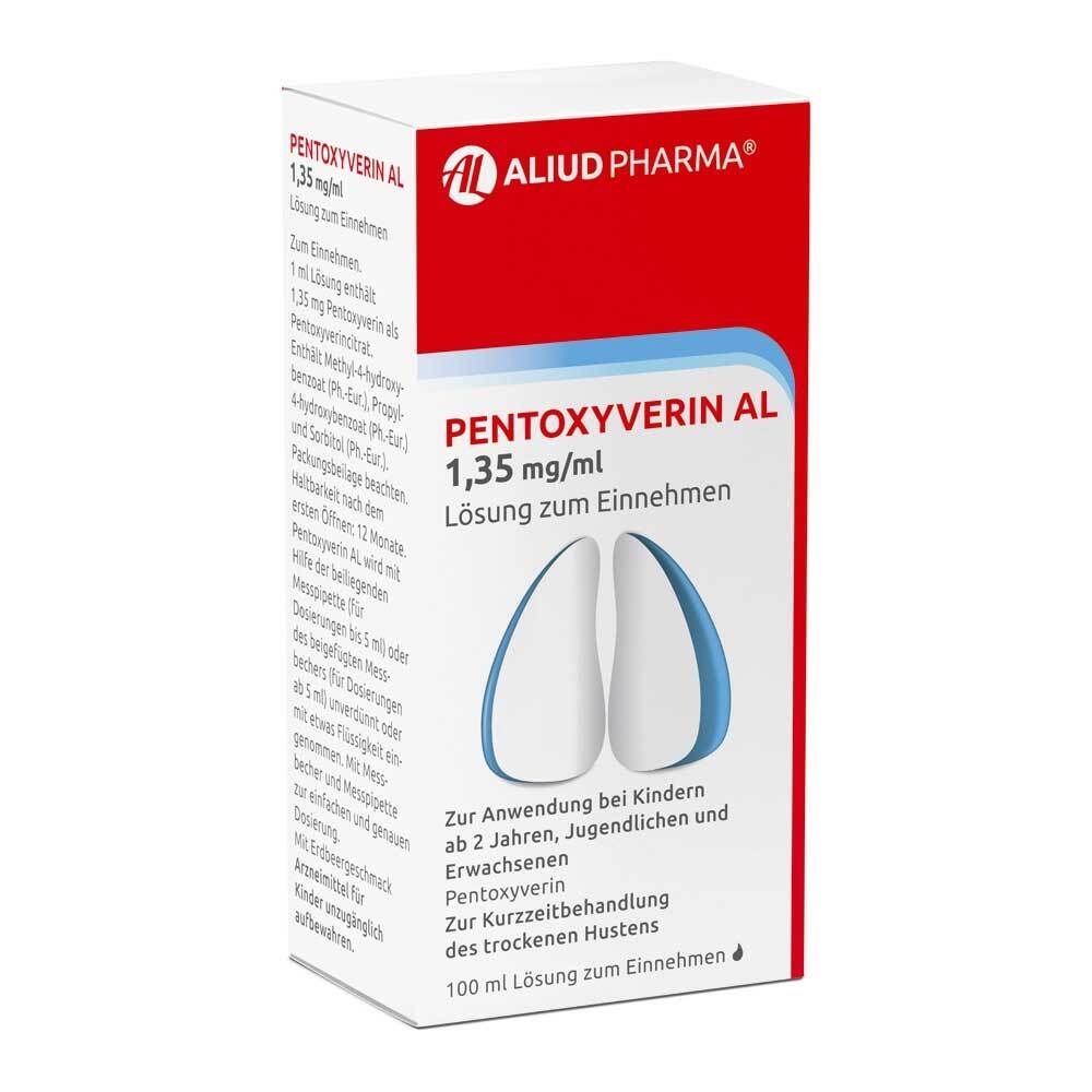 Weiße Schachtel mit rotem Deckel. Aufschrift: PENTOXYVERIN AL 1,35 mg/ml. Logo: zwei blaue Lungen. Text: Lösung zum Einnehmen.