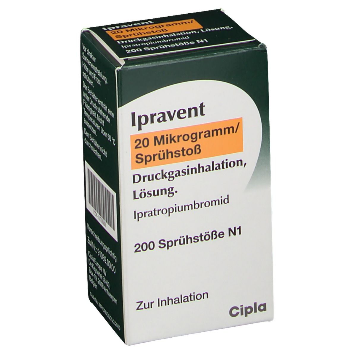 Schachtel mit Ipravent, 20 Mikrogramm/Sprühstoß. Text in Deutsch. Cipla-Logo.