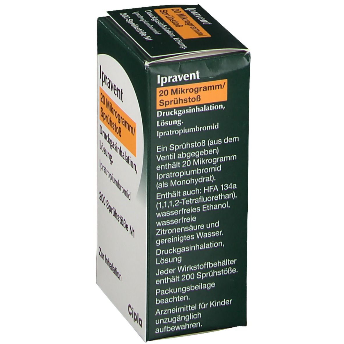 Schachtel Ipravent, Text in Deutsch. Enthält Informationen zu Inhaltsstoffen und Anwendung. Cipla-Logo.