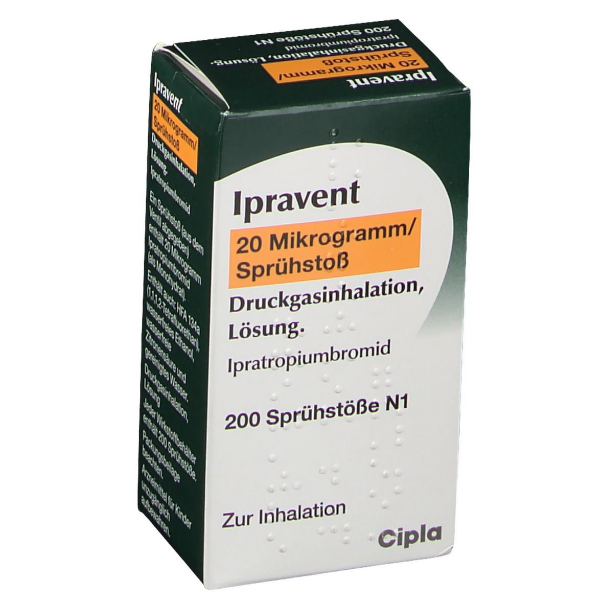 Schachtel Ipravent, Text in Deutsch. Enthält Informationen zu Inhaltsstoffen und Anwendung. Cipla-Logo.