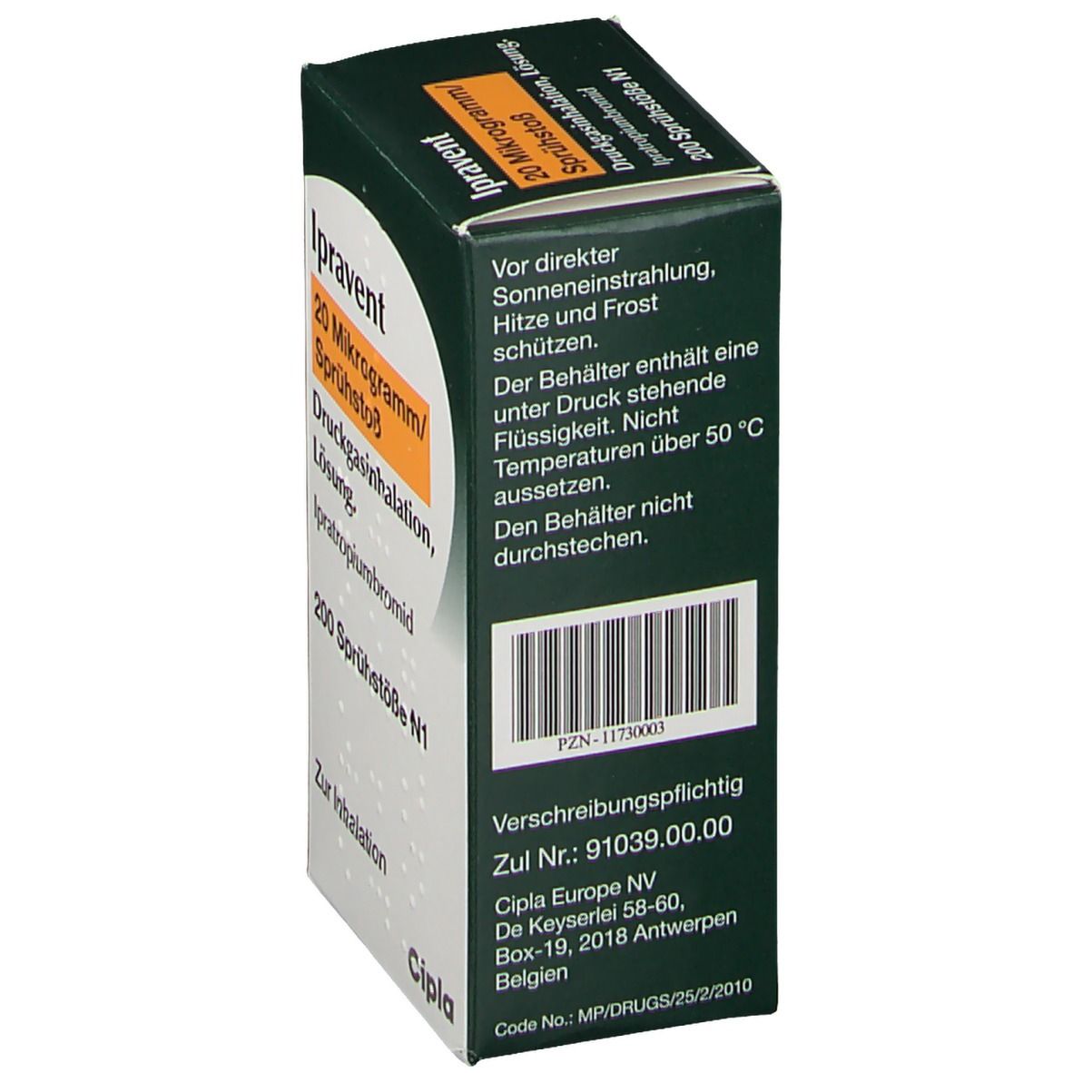 Schachtel Ipravent, Text in Deutsch. Enthält Informationen zu Lagerung und Hersteller. Barcode.