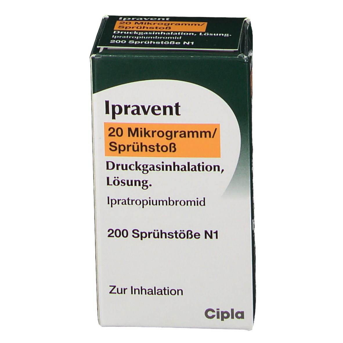 Schachtel Ipravent, 20 Mikrogramm/Sprühstoß. Text in Deutsch. Cipla-Logo.