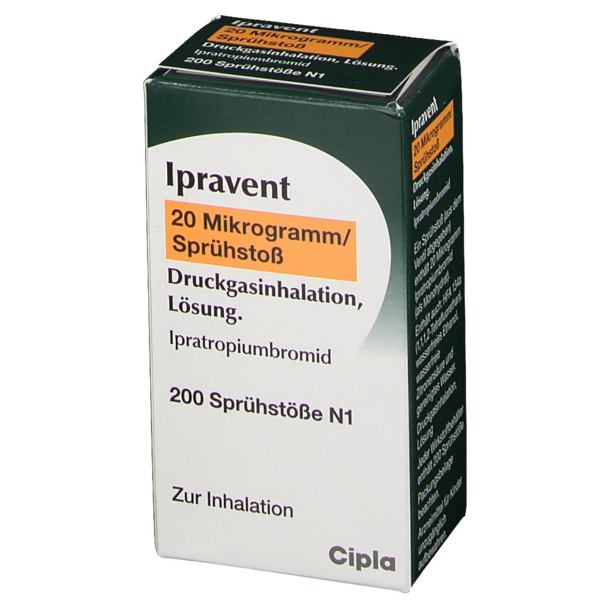 Schachtel Ipravent, Text in Deutsch. Enthält Informationen zu Inhaltsstoffen und Anwendung. Cipla-Logo.