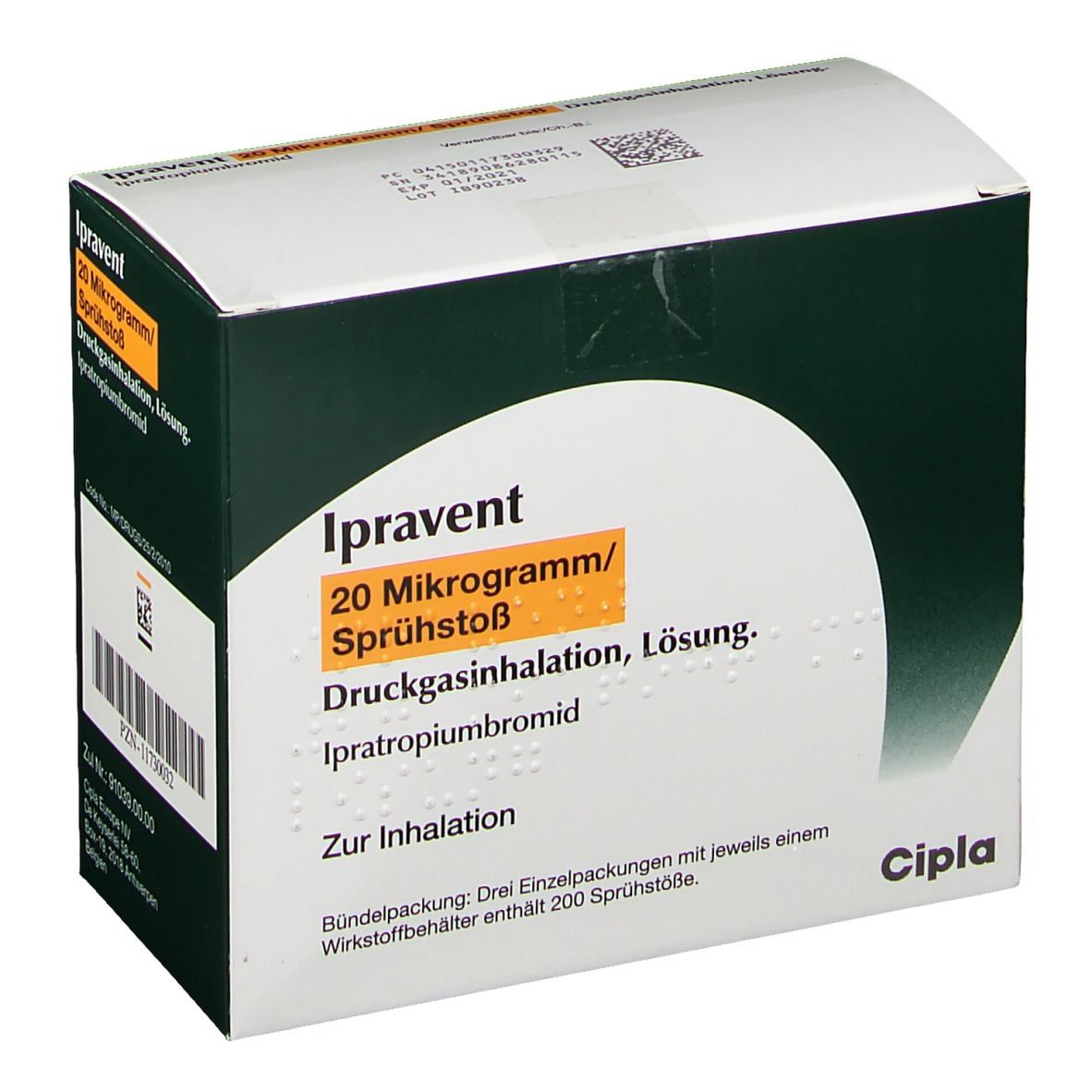 Karton mit Aufschrift Ipravent 20 Mikrogramm/Sprühstoß. Druckgasinhalation, Lösung. Ipratropiumbromid. Cipla-Logo.