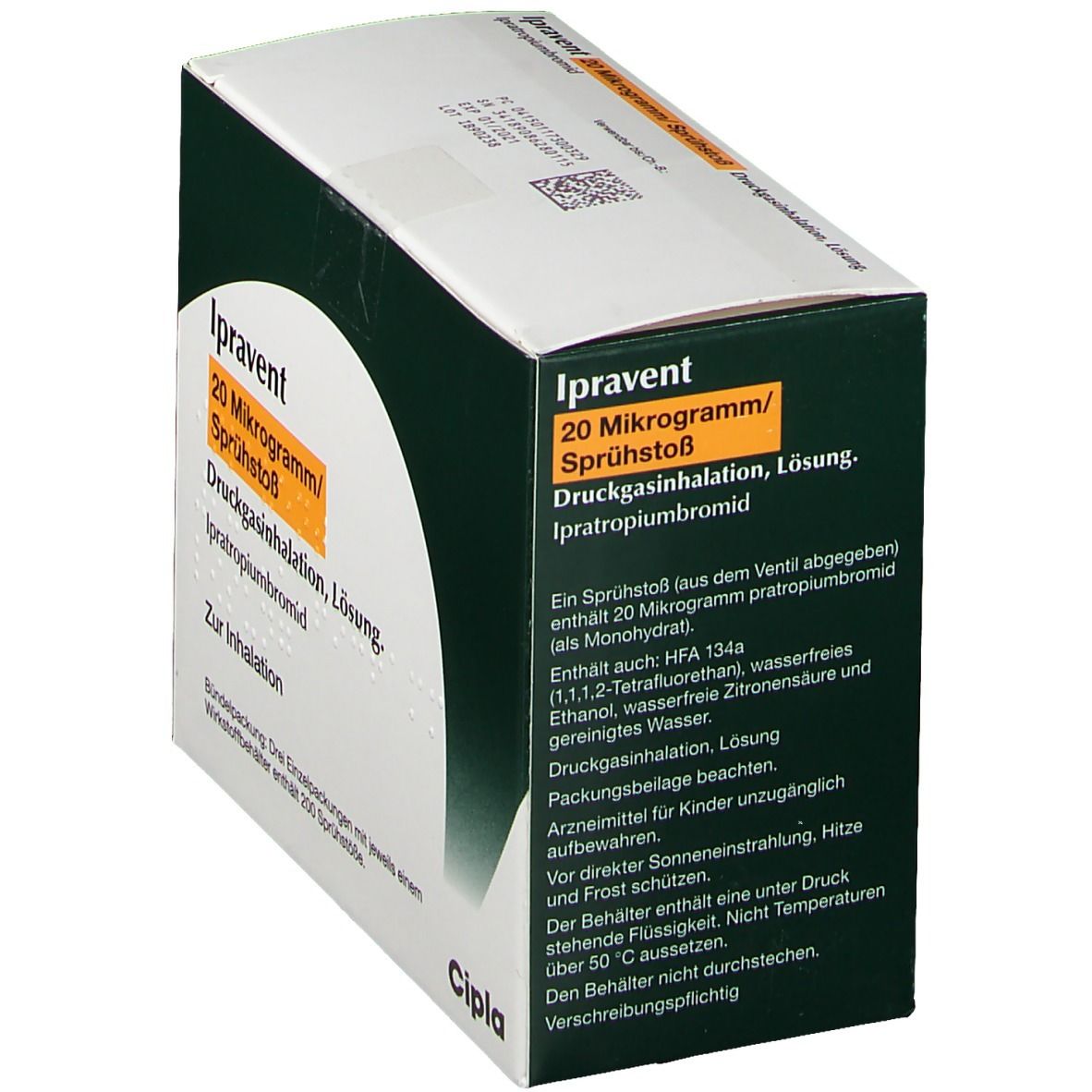 Karton Ipravent, 20 Mikrogramm/Sprühstoß. Druckgasinhalation, Lösung. Ipratropiumbromid. Text und Cipla-Logo.